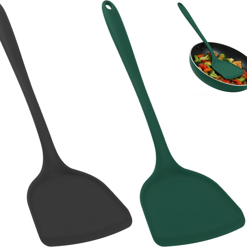 Duża silikonowa łopatka kuchenna, 2-częściowa, żaroodporna, długa, profesjonalna, nieprzywierająca, jednoczęściowa, czarno-zielona