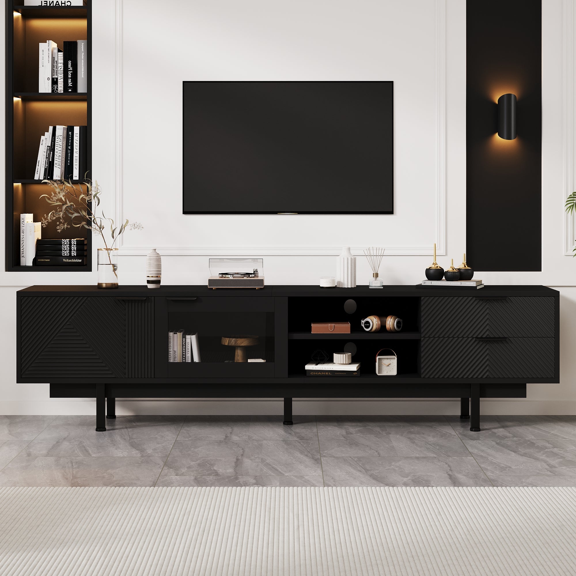 Nowoczesna szafa pod TV 200x40x50,5 cm - z 2 drzwiami i 2 szufladami - na telewizory do 80 cali - czarna