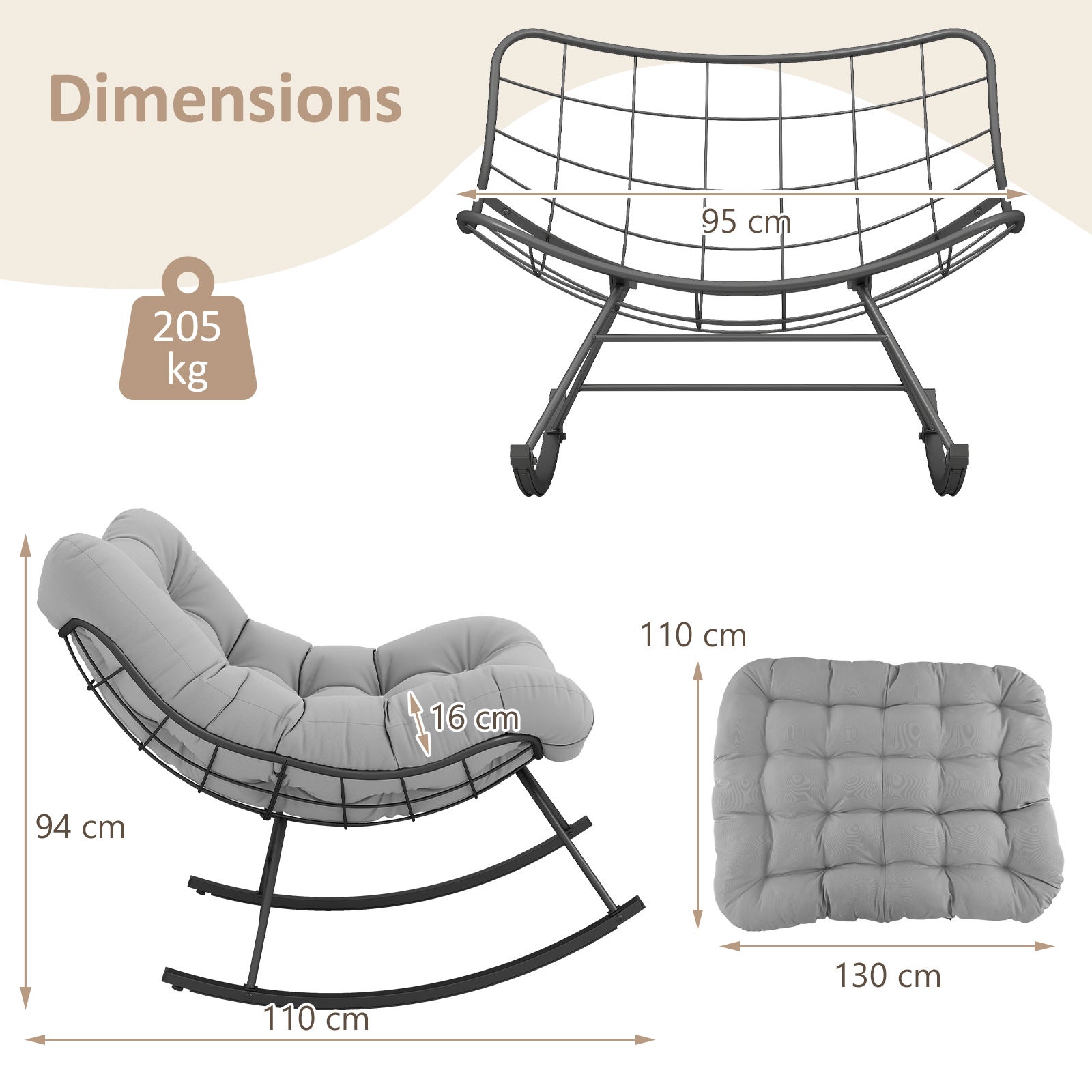 Fauteuil à Bascule Forme Œuf Intérieur & Extérieur, Chaise Papasan Surdimensionnée avec Coussin Rembourré, Cadre en Métal, , Charge 205 kg, Gris Clair - 8