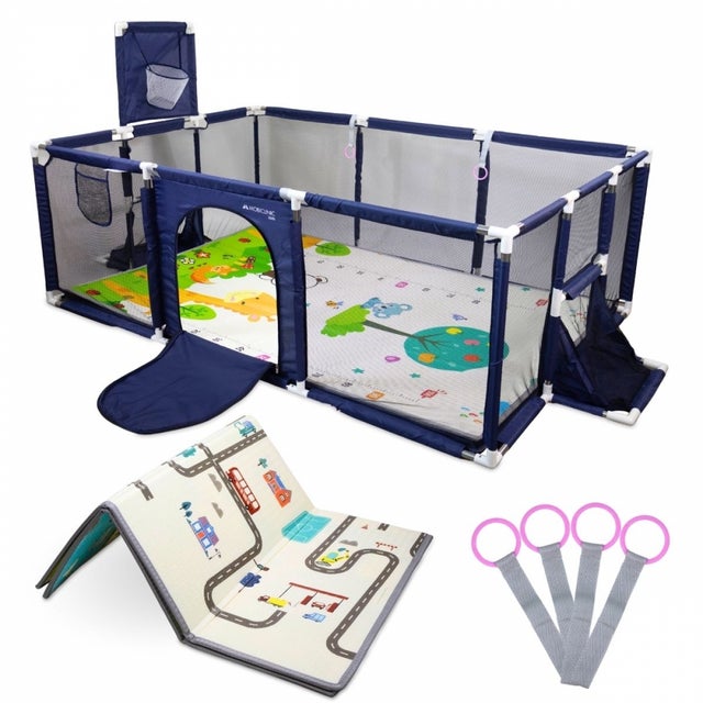 Parque infantil com tapete Mobiclinic Cercadinho bebé Tapete 190 x 41cm Aros Cesto e rede de futebol Saco de transporte azul Kidland