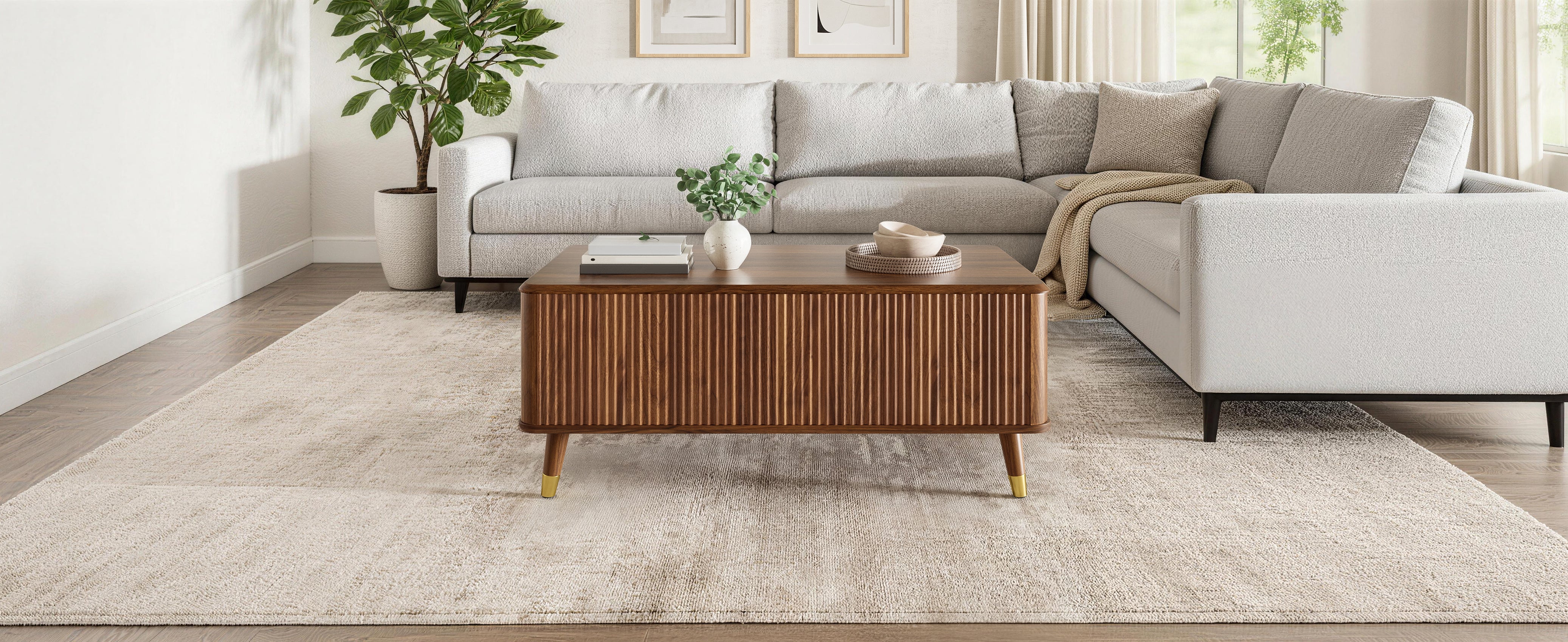 Table basse avec plateau relevable - 97 x 52 x 56,5 cm - MDF et bois massif - Noyer - Design rétro moderne à motif ondulé - 6