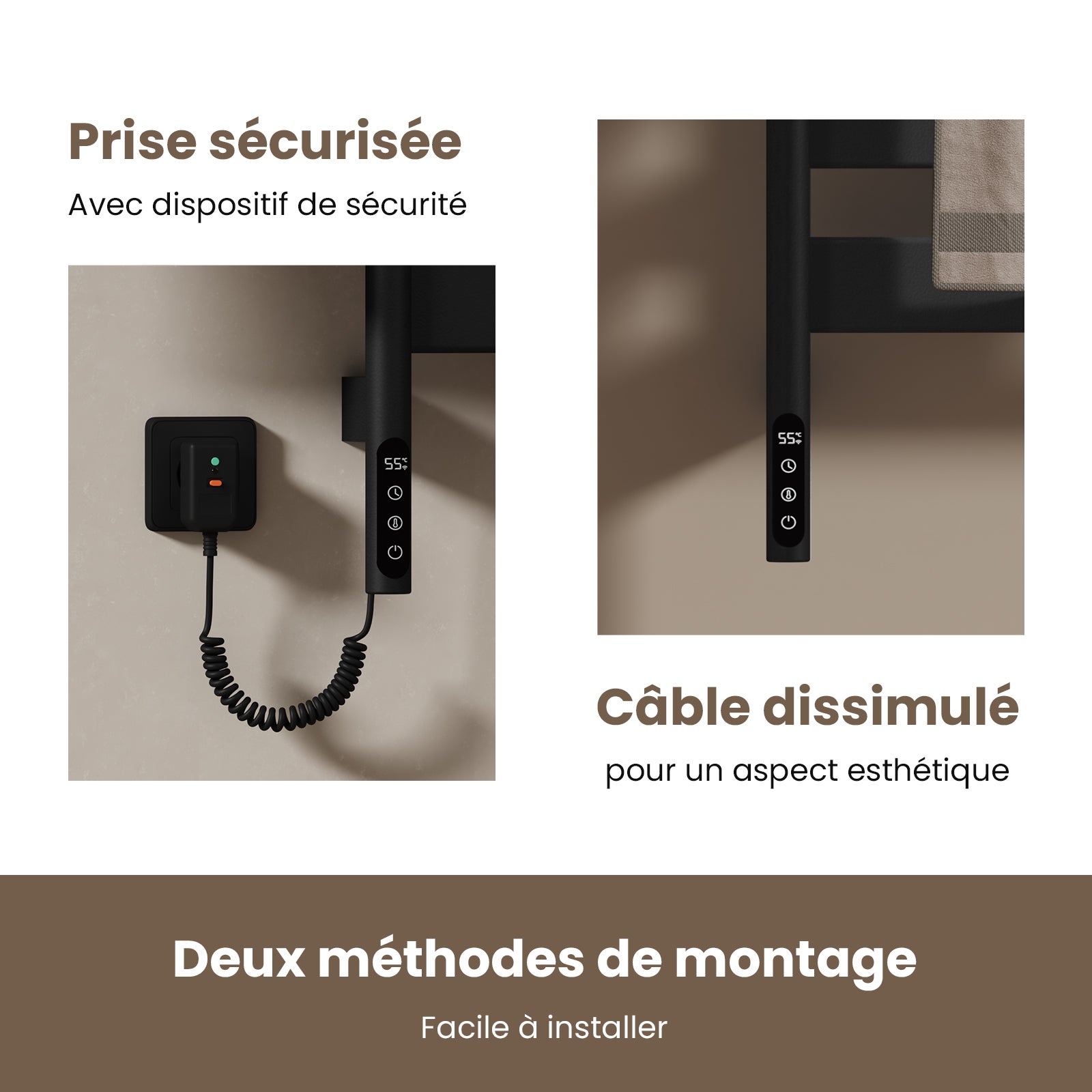 EMKE Sèche-serviettes Électrique Pivotant 180° avec Étagère - WiFi & Vocal - 76 x 45 cm, 120 W, Noir Mat - 5