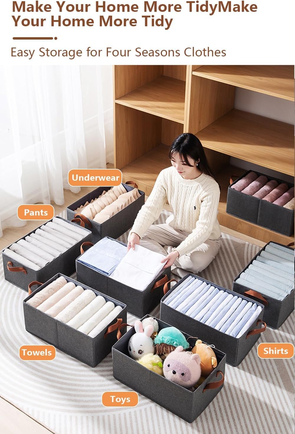 Boite Rangement tissu, Lot de 4, Panier Rangement Pliable, 45x28x20 cm, Bac de Rangement Vetement avec Poignée, Cube de Rangement Pour Wardrobe Dressi - 6