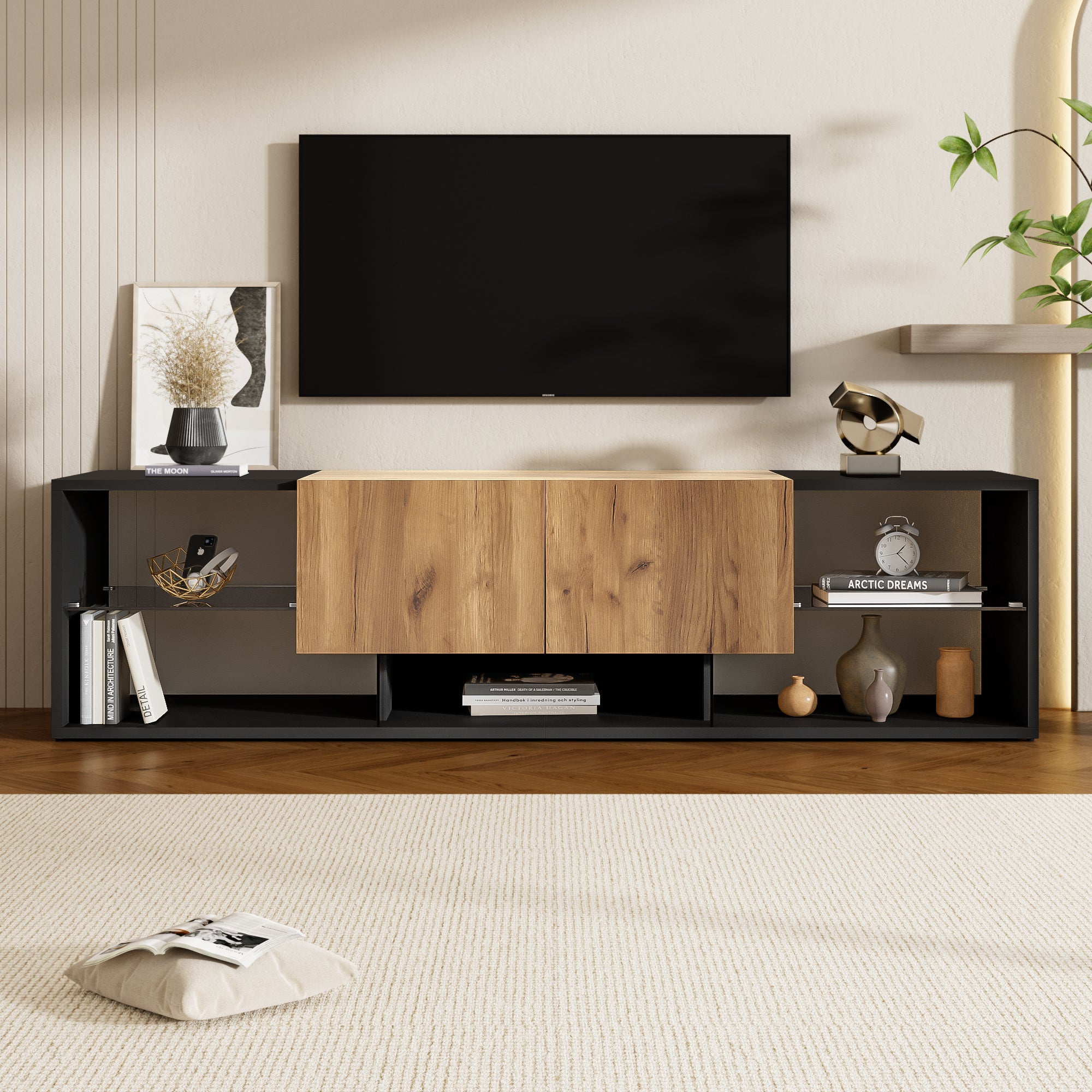 Meble pod TV 160x40x42 cm - z 2 szufladami - Szklane półki - z oświetleniem LED - Płyty wiórowe - Czarny - 4