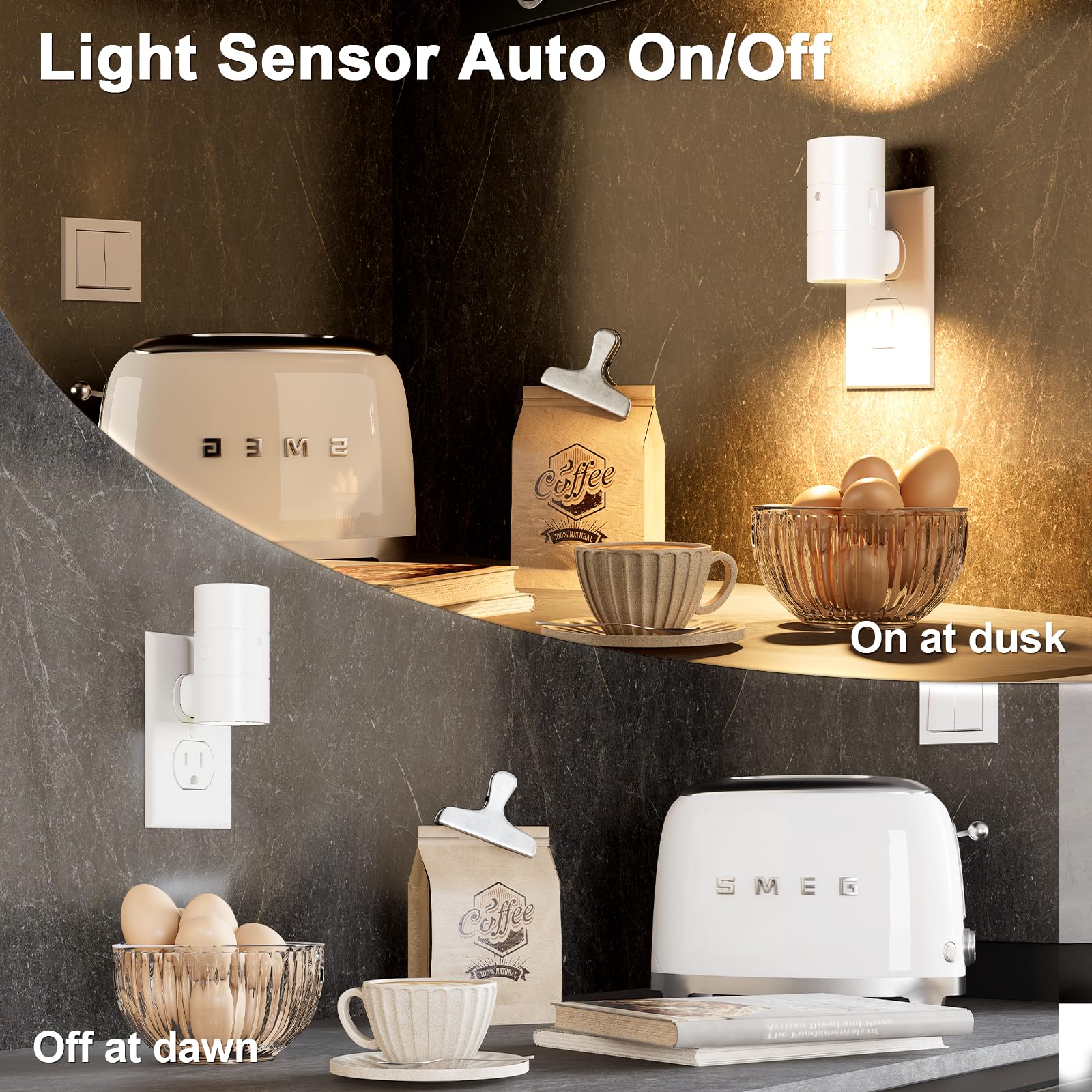 4 pezzi di luci notturne a spina bianco caldo, ultrasottili, sensore dal tramonto all'alba, applique dimmerabili, lampada da comodino - 6