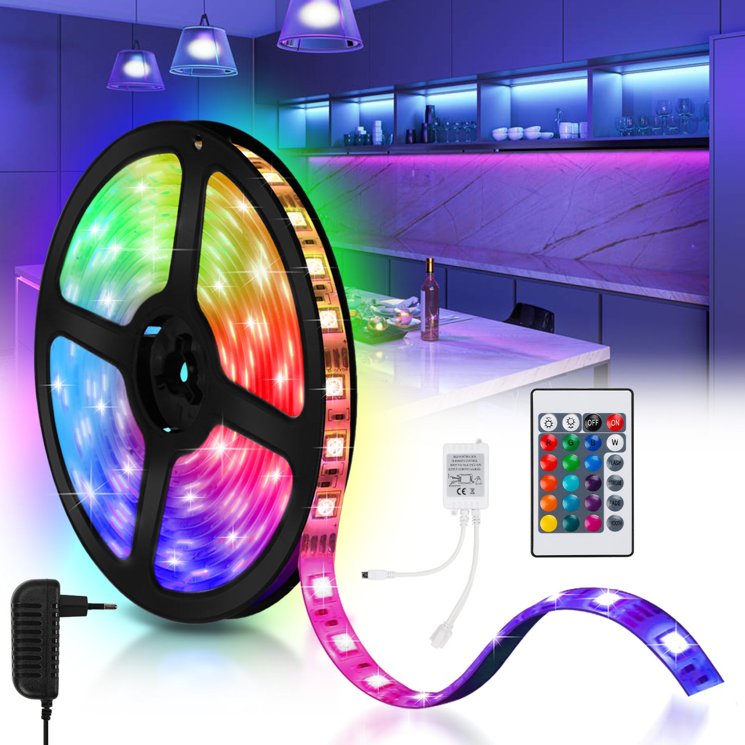Taśma LED 5050 SMD RGB 1M, 30 diod LED z 24-klawiszowym pilotem + zasilacz 12V do montażu na ścianie tylnej imprezy
