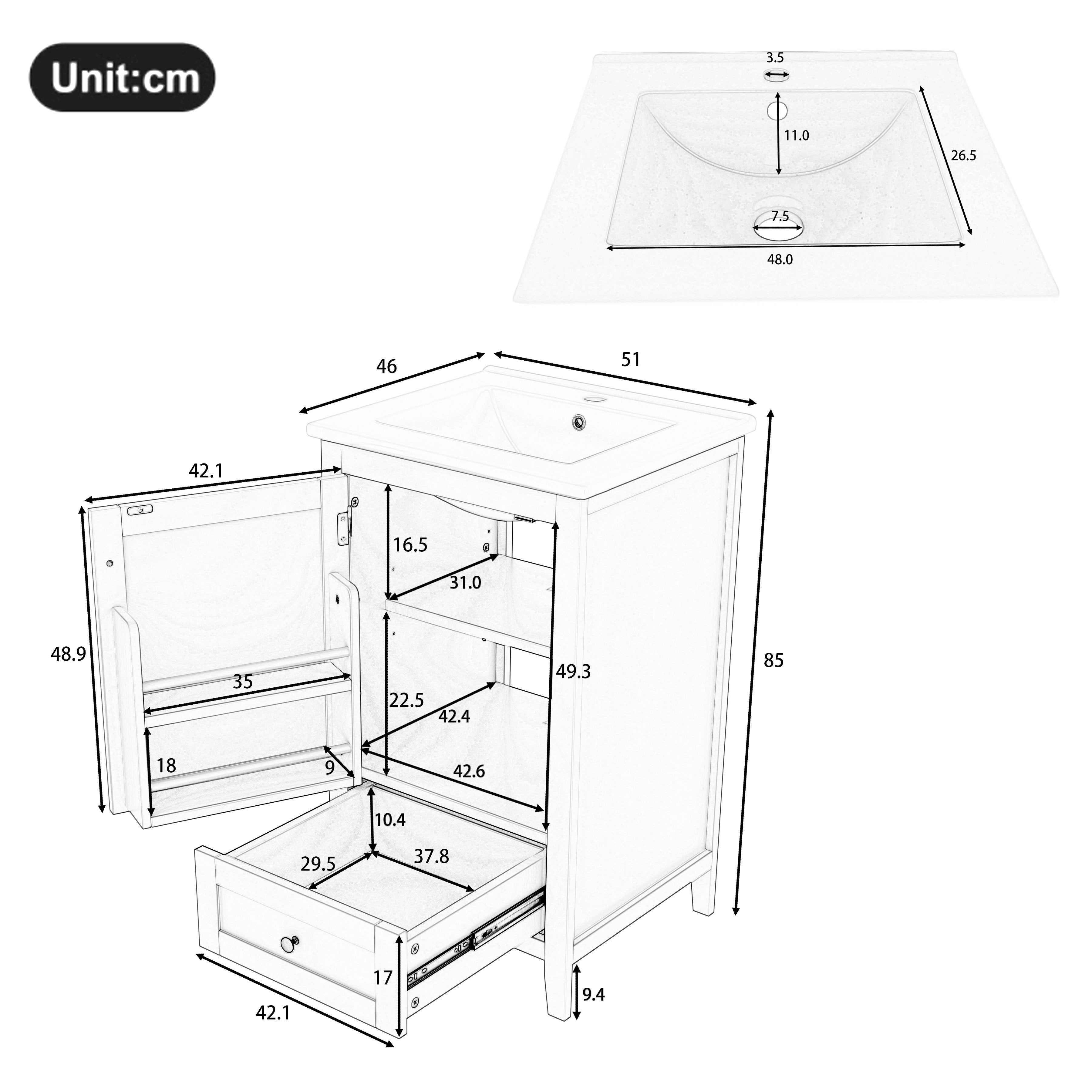 Meuble de salle de bain sur pied 51 x 46 x 85 cm avec vasque, meuble vasque, finition laquée intégrale, étagère de porte, blanc - 3