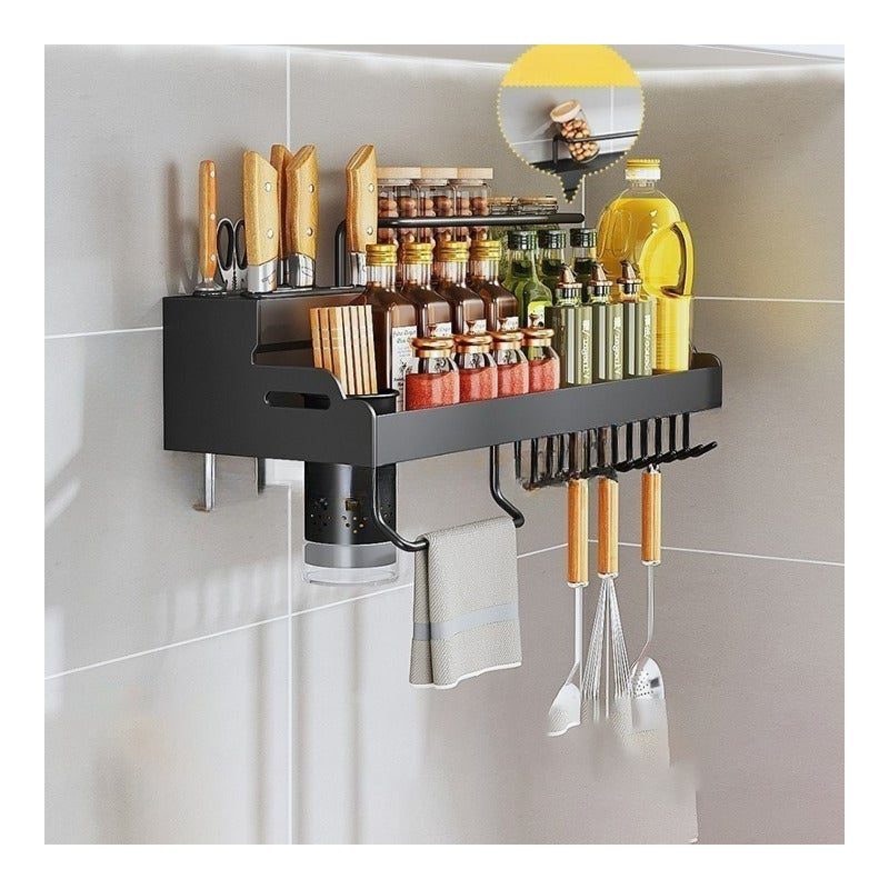 Wszechstronna kuchenna półka ścienna (40 cm - Pojedynczy uchwyt na kubek Uchwyt na nóż ścienny) Bezdryłowy uchwyt ścienny, stojak na przyprawy