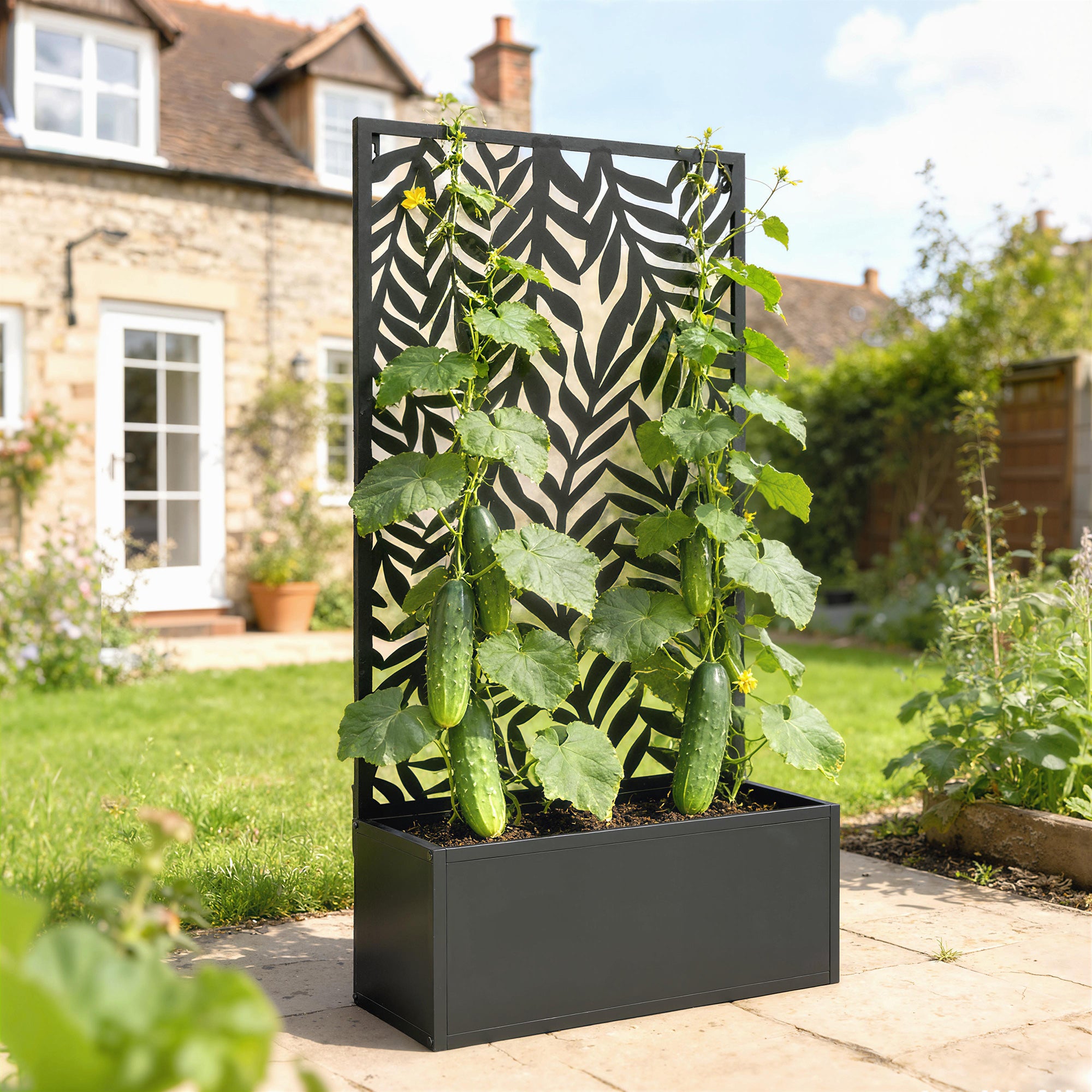 Jardinière avec paravent de confidentialité Jardinière avec treillis Motifs de feuilles tropicales 61 x 23 x 113 cm Noir - 3
