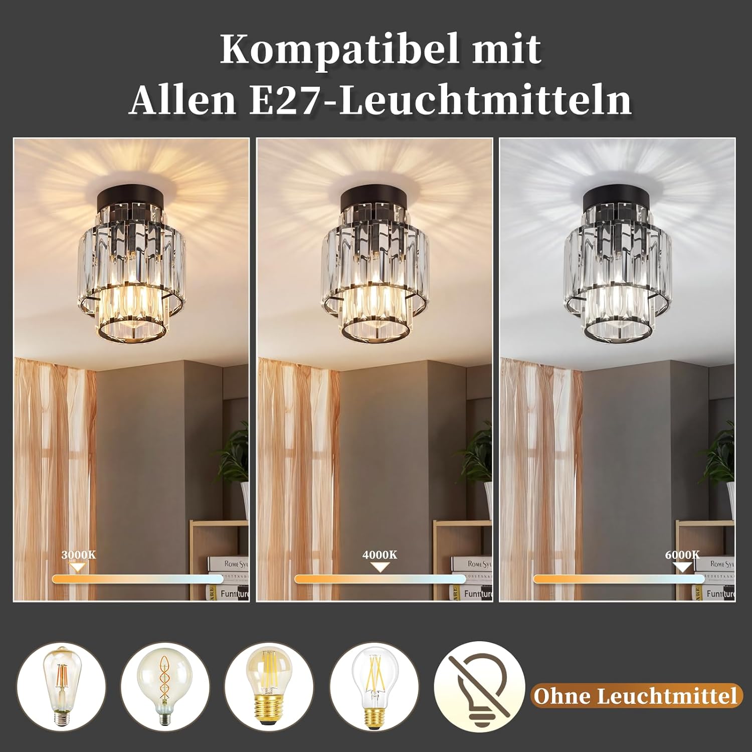 ZMH Plafonnier moderne en cristal E27 noir lampe de couloir vintage pour cuisine salon chambre cuisine couloir (ampoule non incluse) - 4