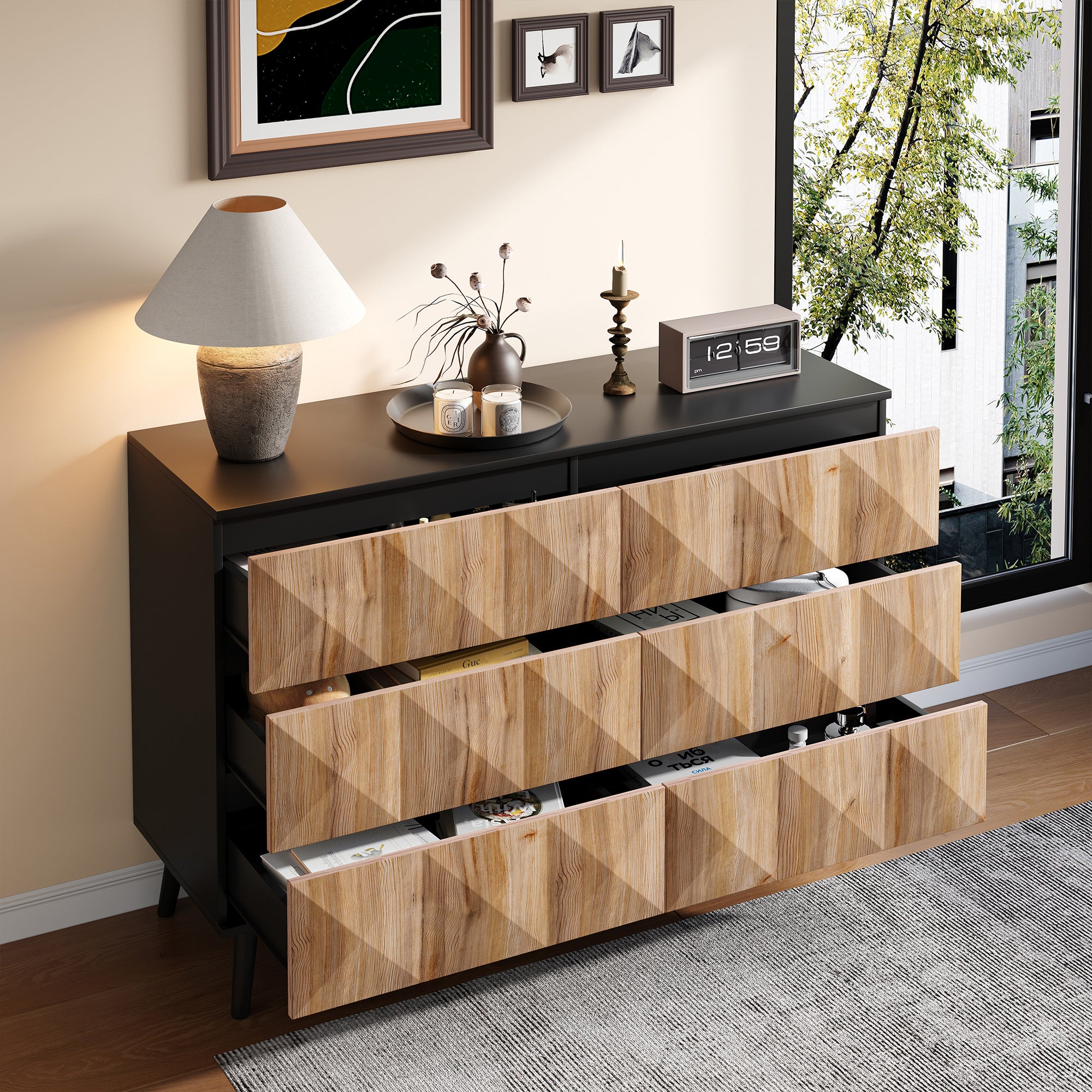 Kredens 120 x 40 x 85 cm - 6 szuflad - rama żelazna - MDF + Płyta wiórowa - Naturalny + Czarny