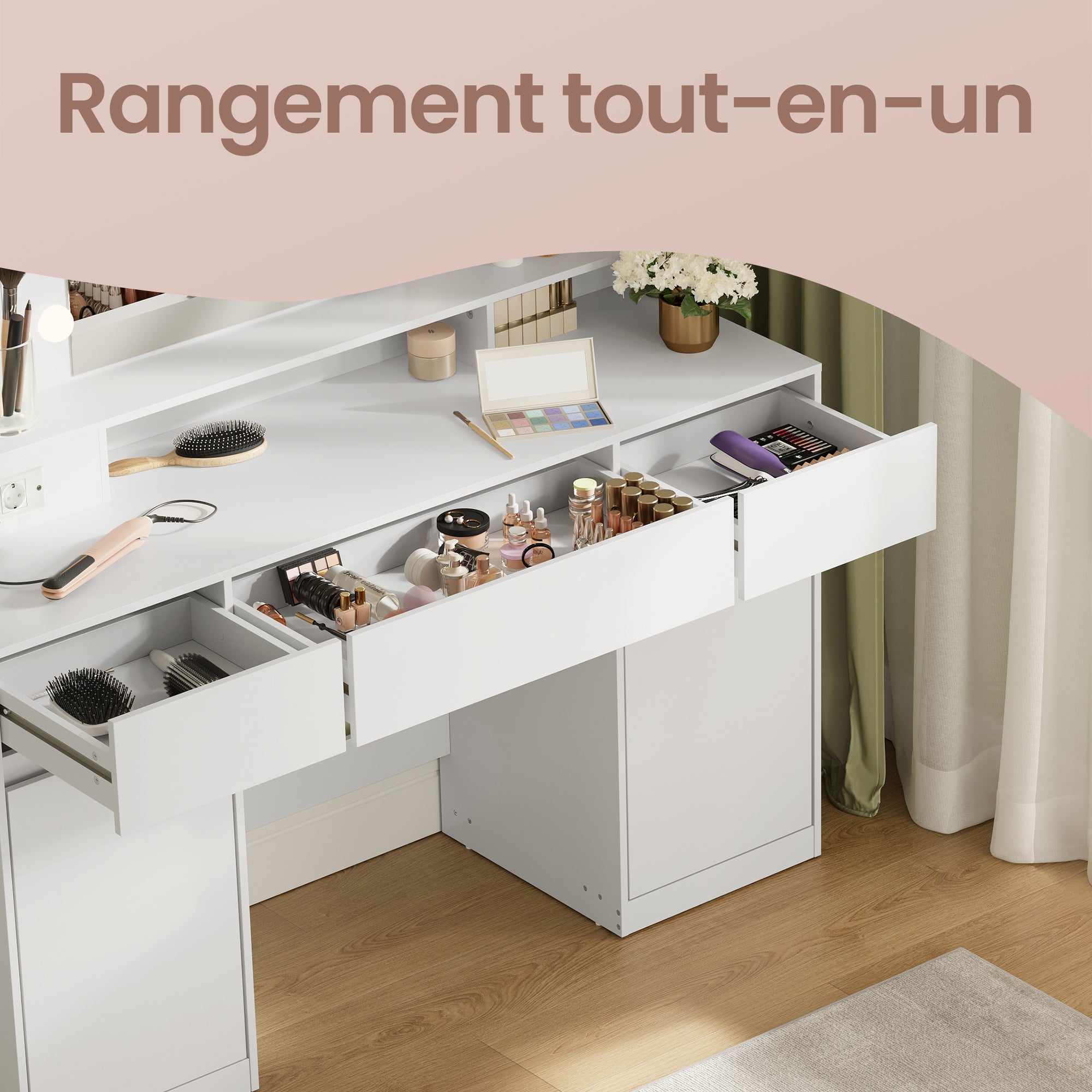 Coiffeuse avec Miroir LED, Multiprise, 2 Placards, 9 Ampoules, Éclairage 3 Couleurs, Blanc - 4