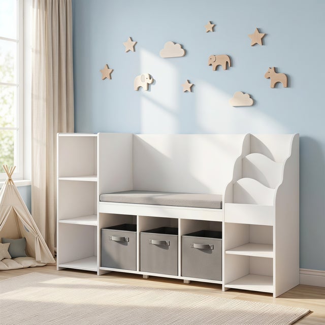 Estantería Infantil AIYAPLAY MDF, Tela no Tejida Blanco y Gris 137x40x80 cm