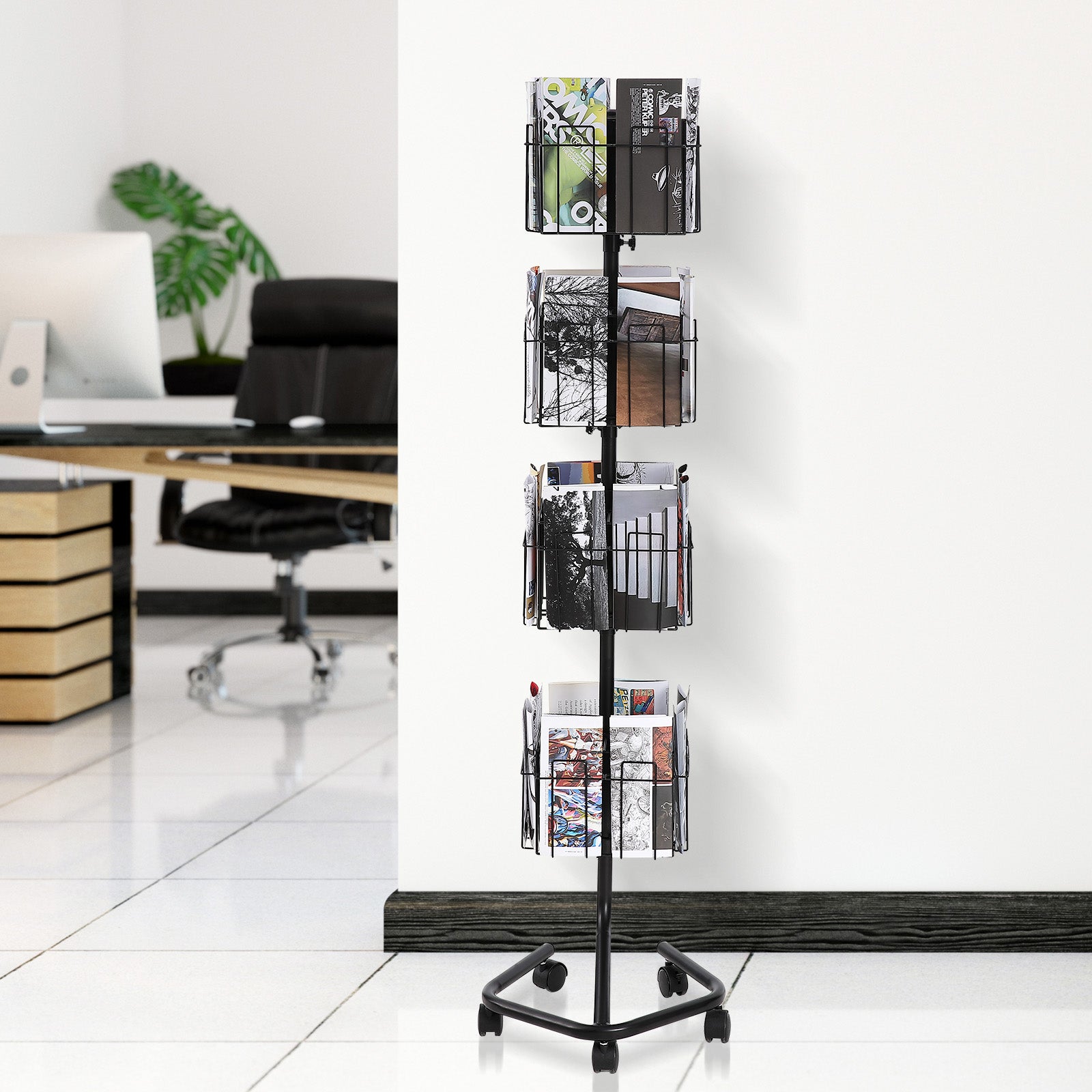 support à brochures pivotant à VEVOR 4 niveaux,32 emplacements,avec 5 roulettes (2 verrouillables) pour expositions et bureaux - 8