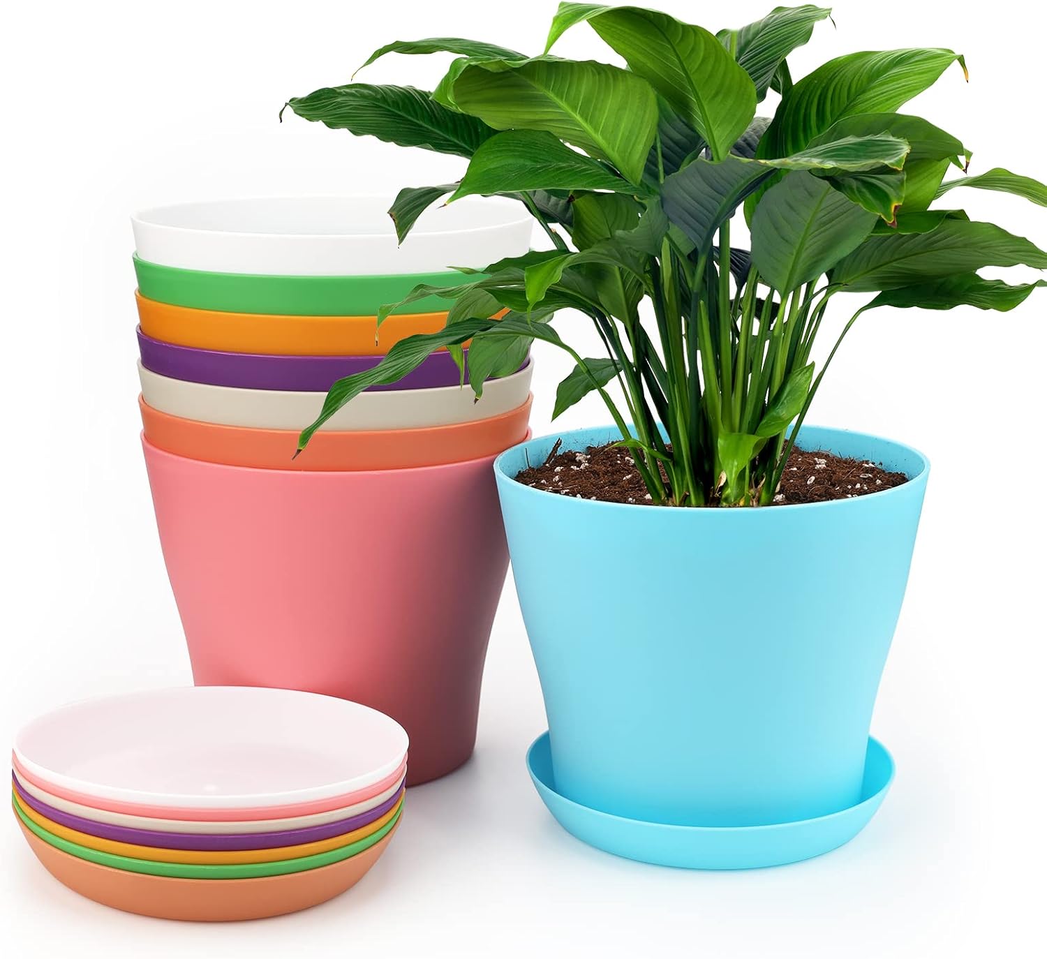 KINGLAKE Lot De 8 Pots De Fleurs Plastique 17cm Avec Plateaux - Intérieur Extérieur Multicolore Pour Plantes Succulentes Et Cactus