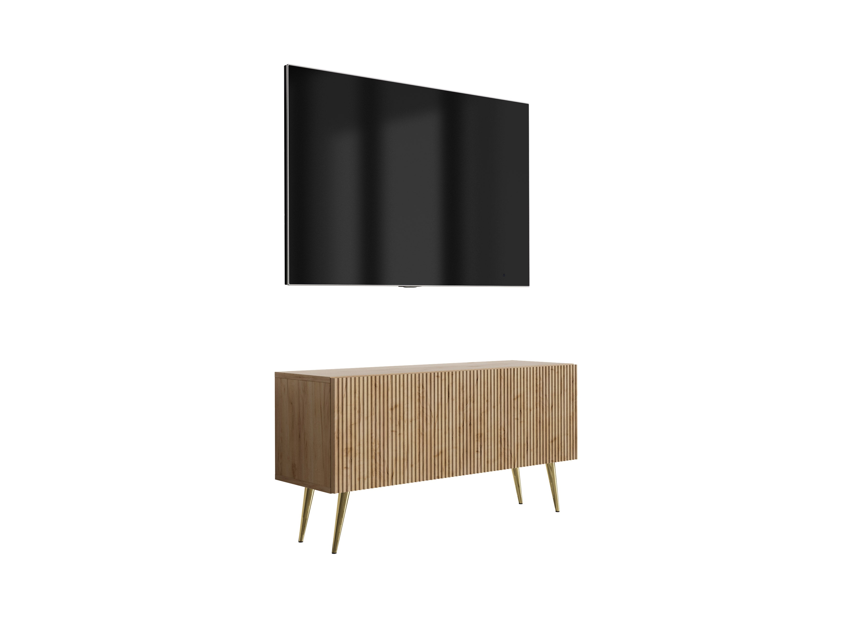 Szafka pod telewizor z ryflowanym frontem 100, Dąb Craft, nóżki pochyłe złote, 100 × 32 × 52 cm