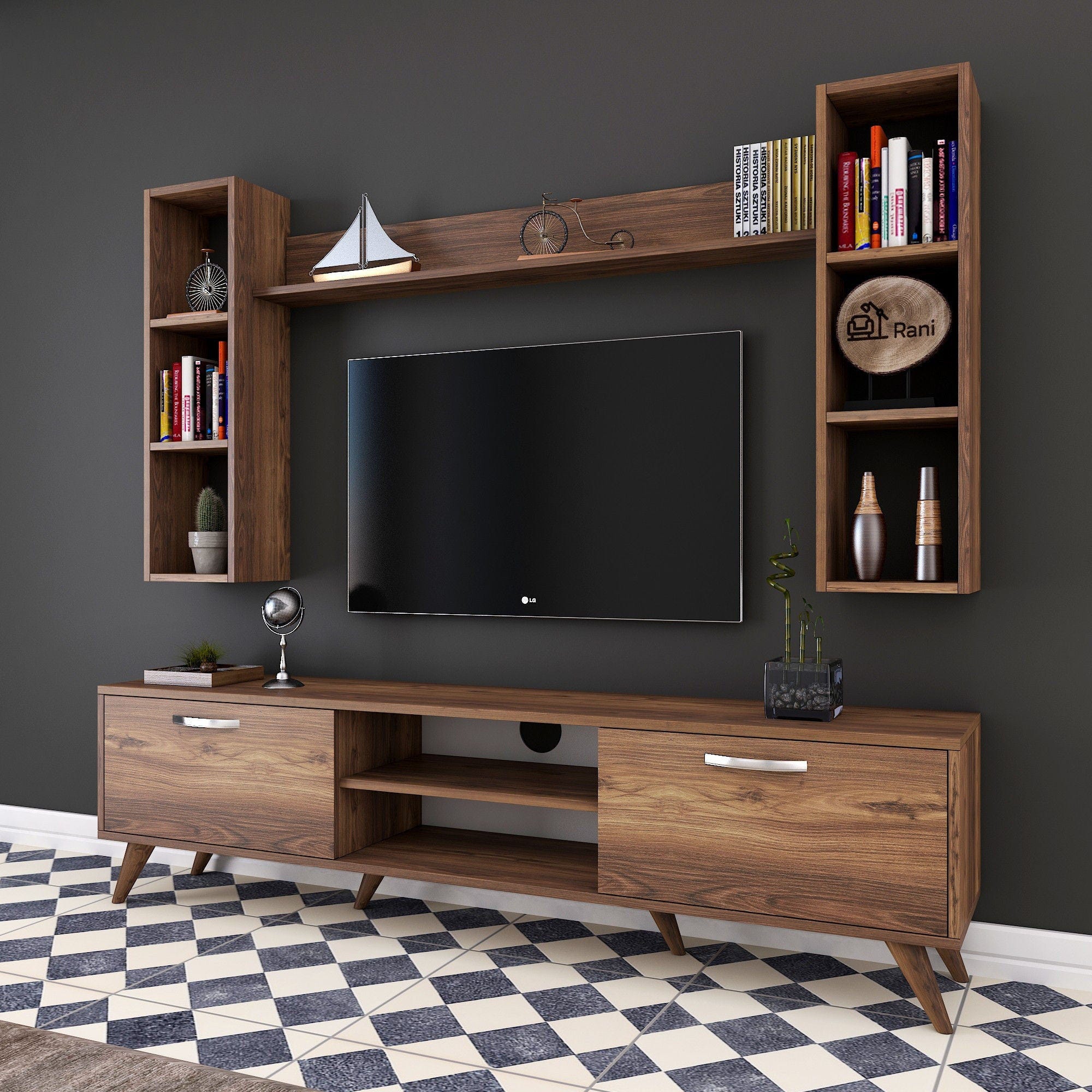 Meuble TV Moderne En Noyer, Largeur 135 Cm, 100 % Mélaminé, épaisseur 18 Mm | Fixation Murale Avec Plusieurs Etageres Design Elegant Et Fonctionnel 97201963 Meuble TV Moderne En Noyer, Largeur 135 Cm, 100 % Mélaminé, épaisseur 18 Mm | Fixation Murale Avec Plusieurs Etageres Design Elegant Et Fonctionnel 97201963