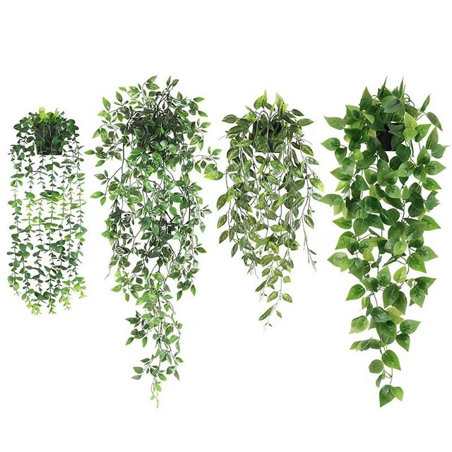 Pack de 4 Plantas Artificiais Penduradas - Plantas Verdes Falso Resistentes ao Sol | Para Parede, Prateleira, Decoração para Interior/Exterior