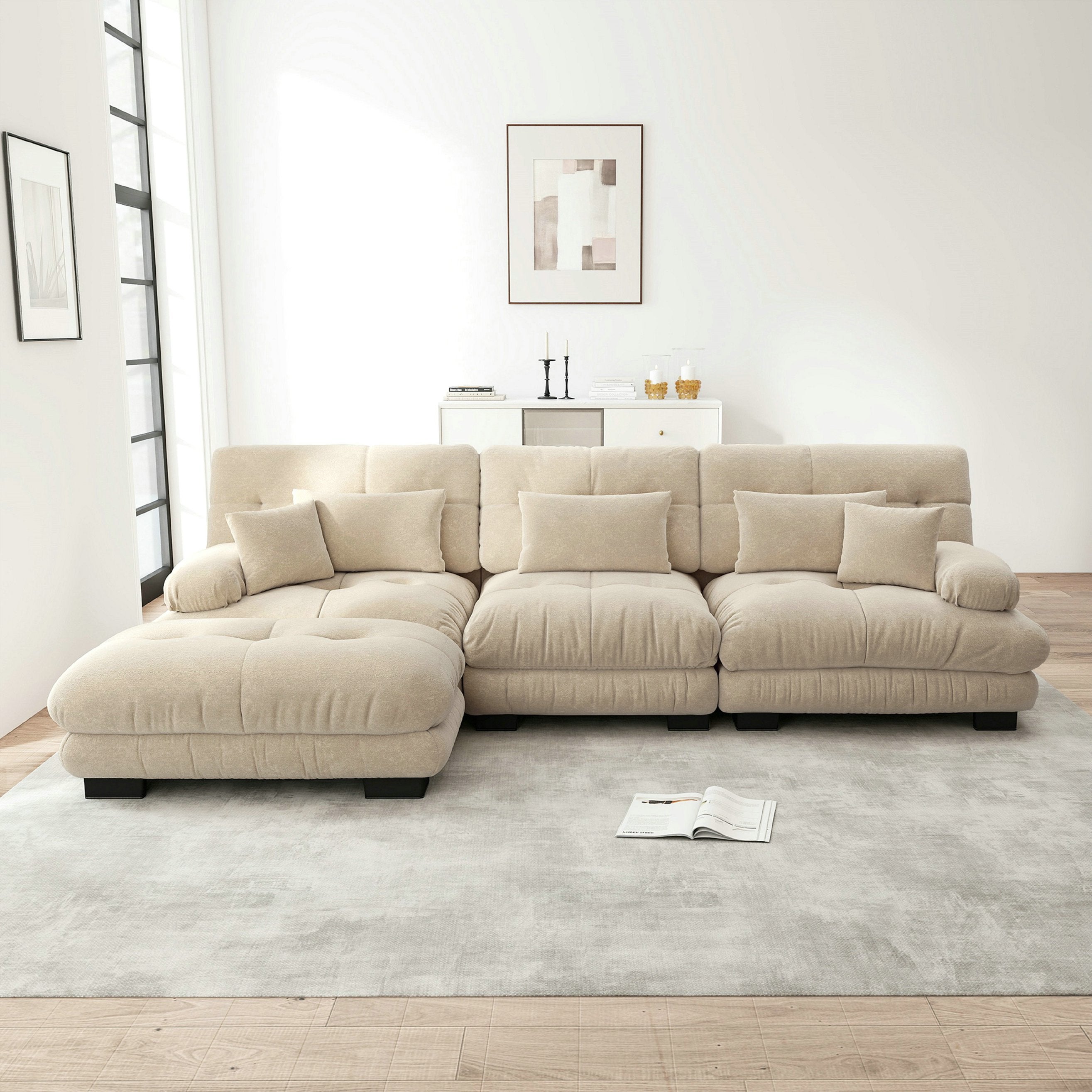 Canapé d\'angle modulaire luxueux 3 places – en forme de nuage, confortable – canapé-lit profond avec pouf – chenille – marron clair - 3