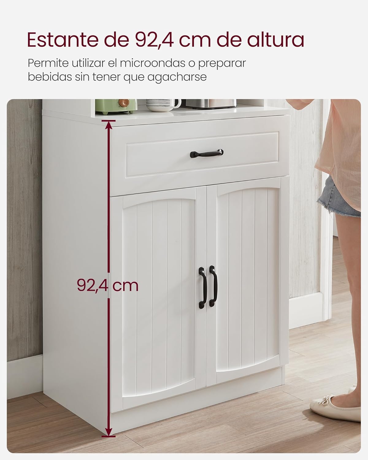 Armario Alto, Armario de Cocina con Puertas de Cristal y Estantes Ajustables, Cajón, Orificio para Cables, para Microondas, Estilo Moderno, Blanco - 7