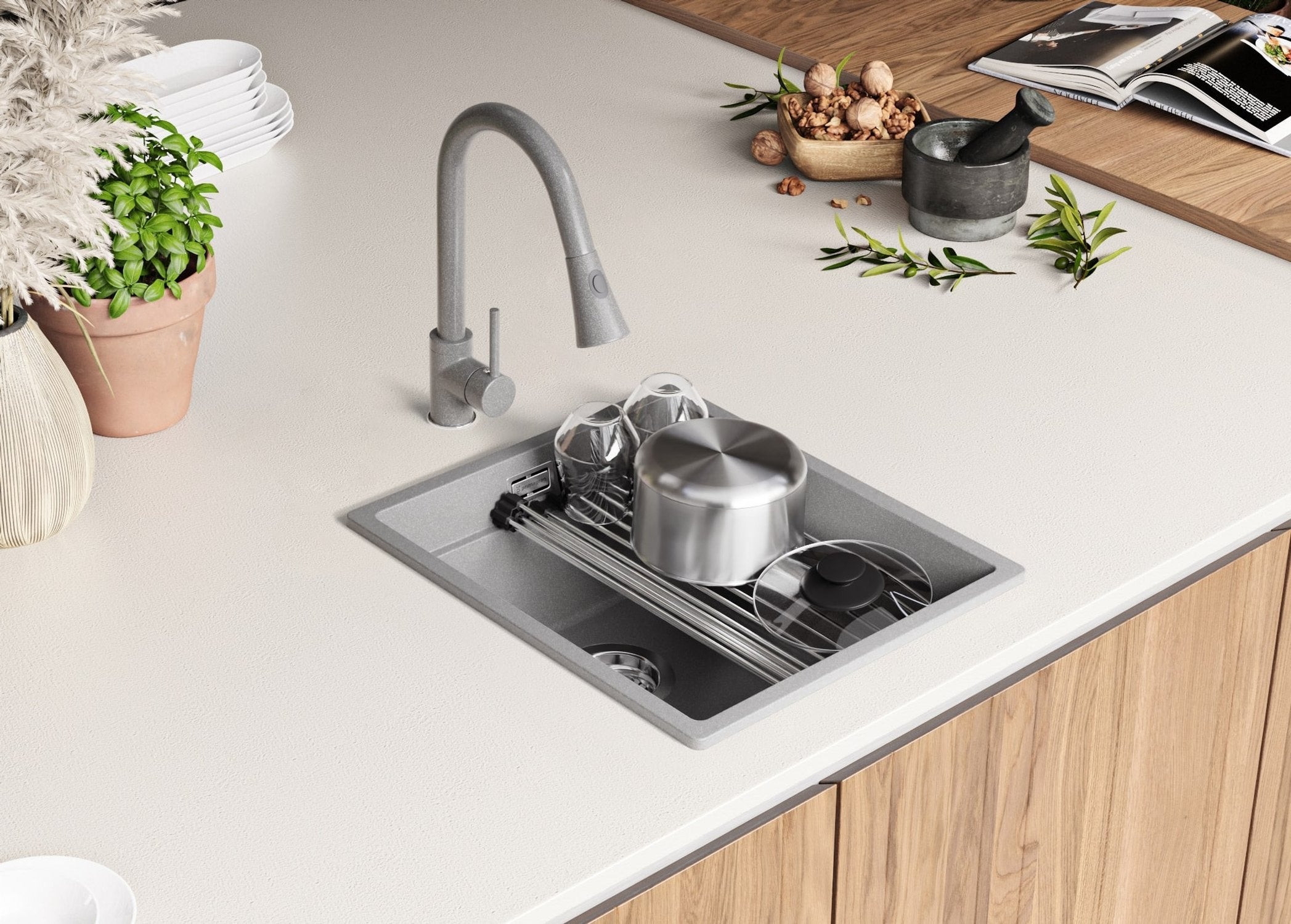 Evier Cuisine en Granit Gris 41x47cm, Lavabo 1 bac + Kit de Vidage + Égouttoir Enroulable, Évier à Encastrer au meuble 45cm - Prague Slim PRIMAGRAN - 4