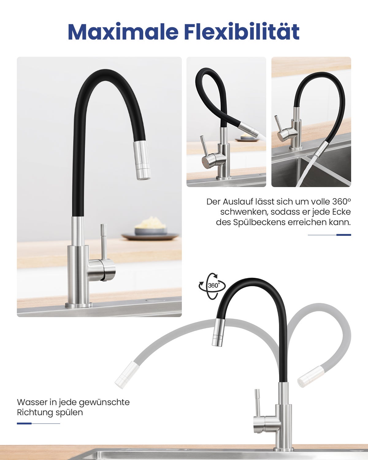CECIPA MAX Grifo de cocina flexible , mezclador de cocina giratorio 360°, grifo de cocina de agua fría y caliente - 2