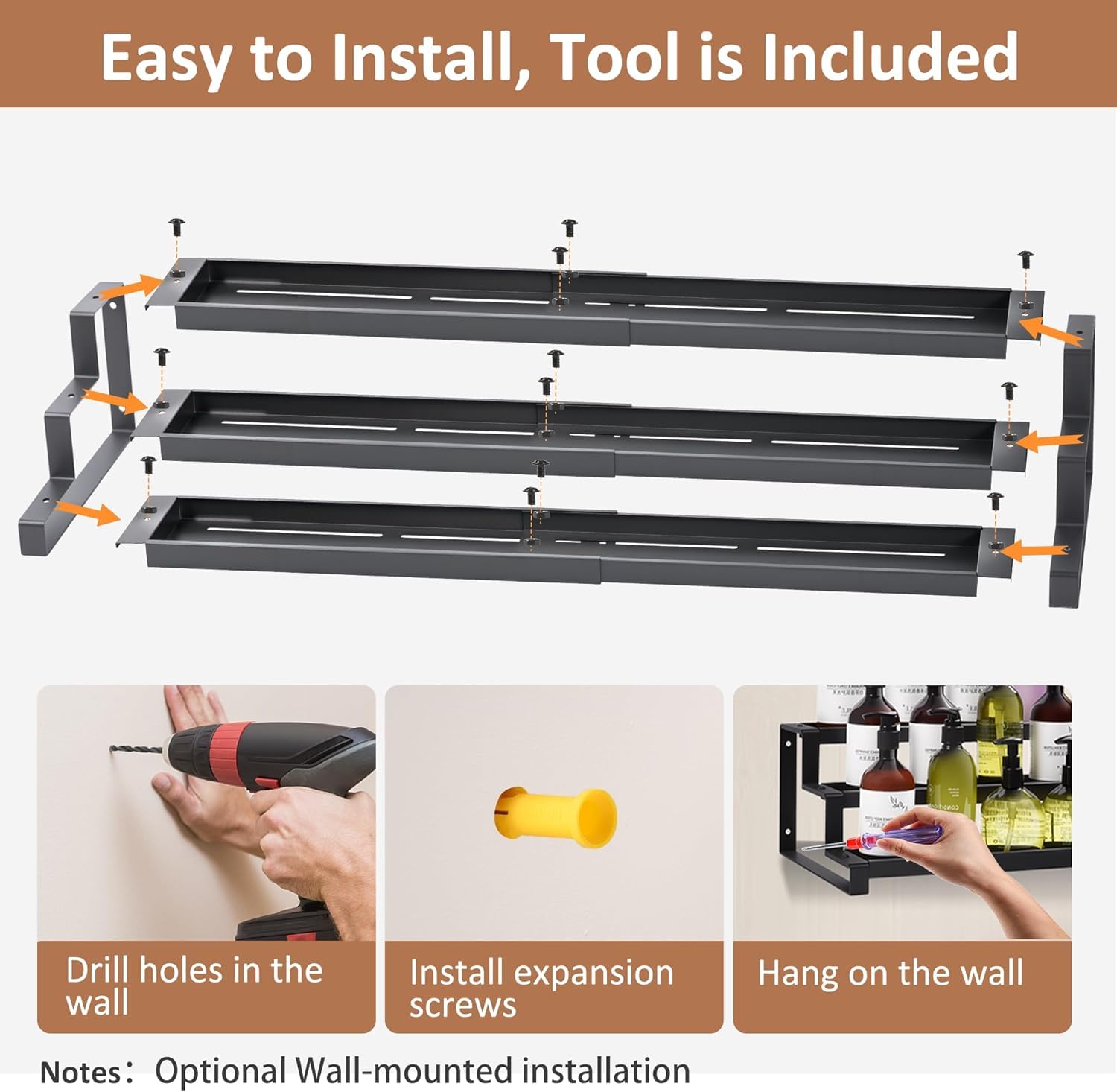 Porta spezie a 3 livelli per mobile da cucina, ripiano espandibile per spezie da 36,8-66,5 cm, organizer per condimenti, ripiano espositivo in metallo - 7