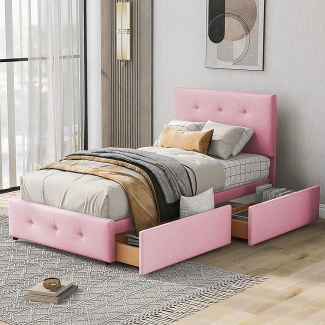 Letto Singolo 90x200 Cm Con Luci LED E 2 Cassetti – Tessuto Lino, Rosa – Struttura Imbottita