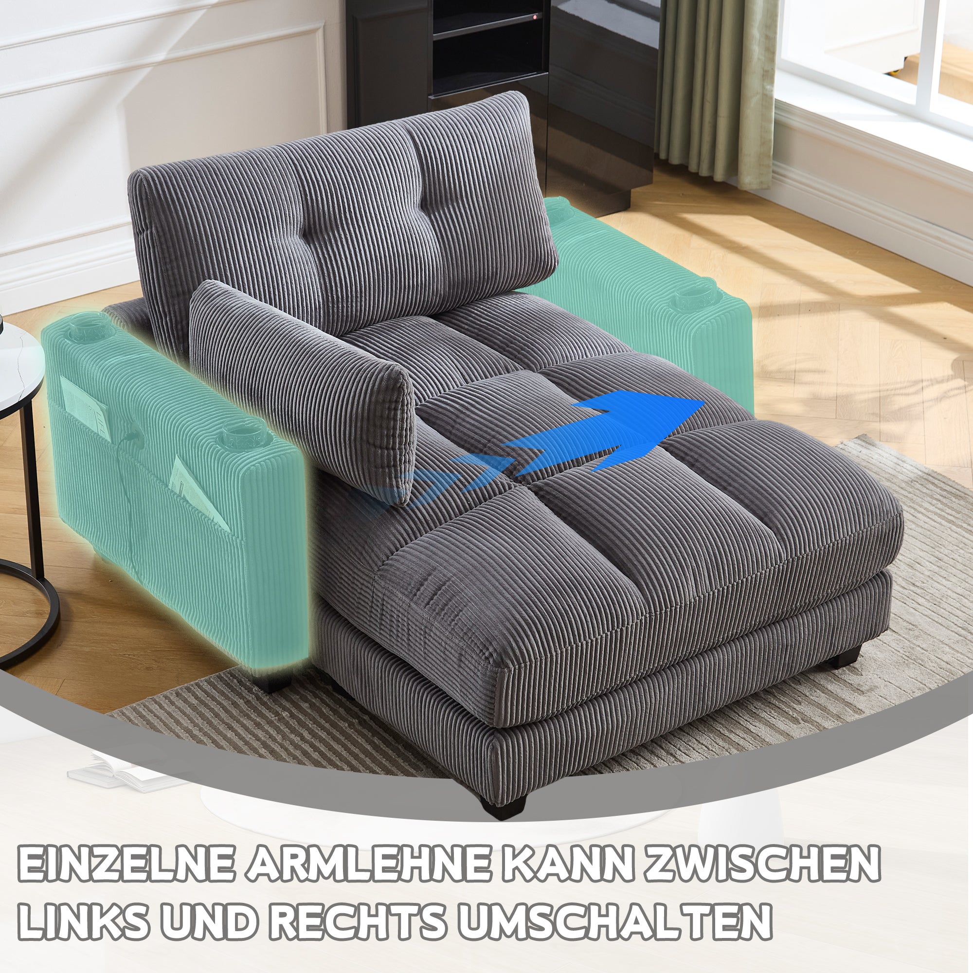 Canapé moelleux L 140 x P 112 x H 81 cm - 2 Porte-Gobelets et 1 poche latérale - Avec port USB-C - velours côtelé - gris - 3