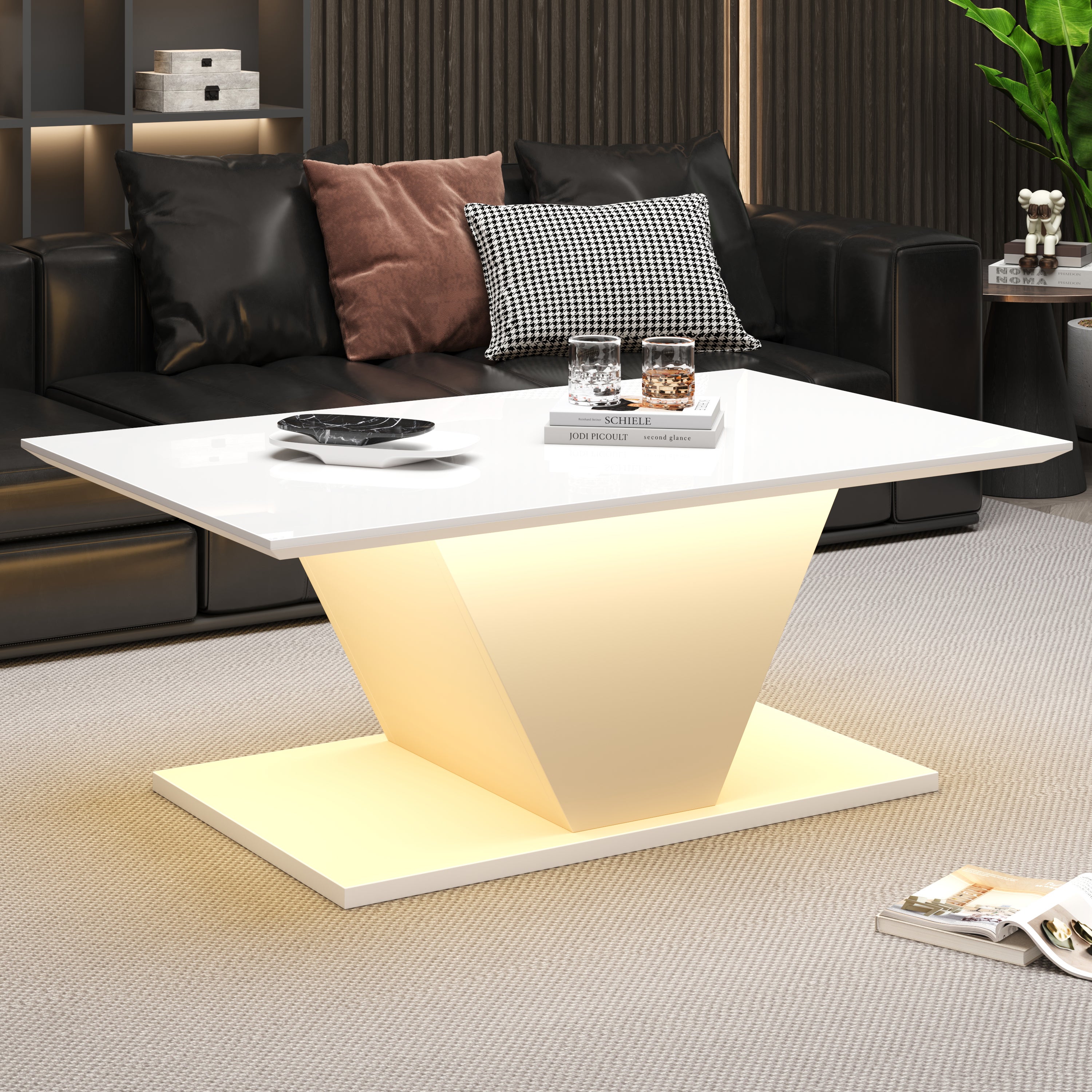 Stolik kawowy prostokątny - 100 x 50 x 46 cm - Diody LED - Płyta wiórowa - Biały
