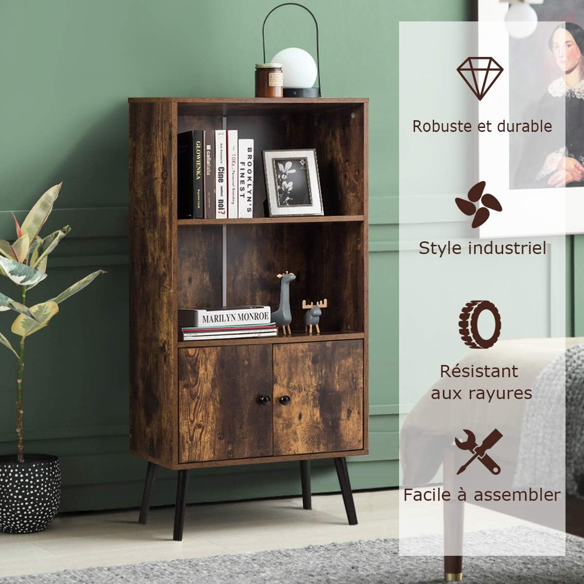 Libreria industriale a 3 ripiani in legno e metallo rustico per casa, ufficio, camera da letto, cucina, bagno, 119,4 cm