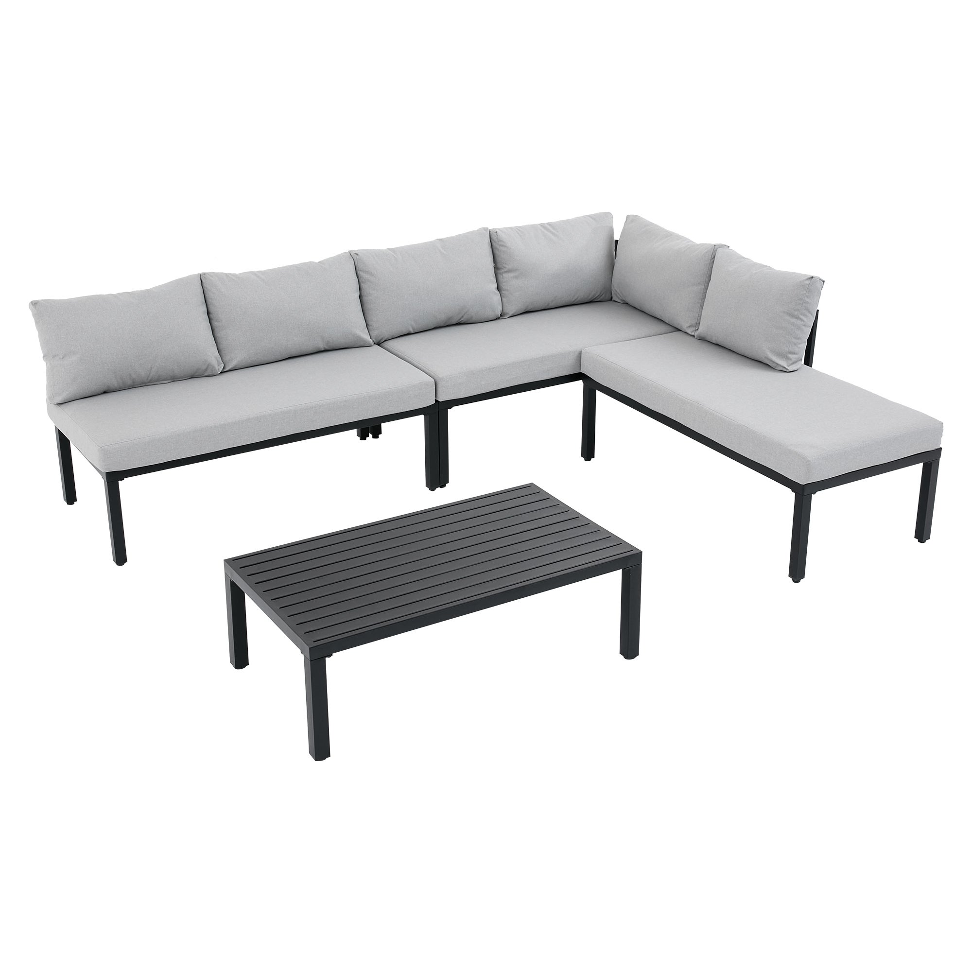 Salon de jardin modulable 6 places en acier galvanisé : canapé d'angle + méridienne + table basse rectanguleire - Gris - 9