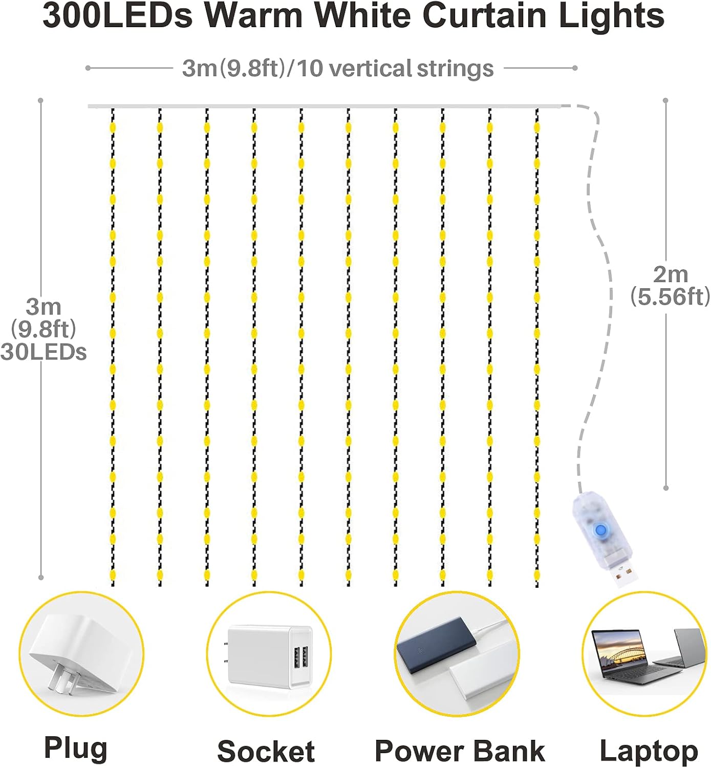 Rideau lumineux 3x3m chaîne lumineuse LED Rideau chaîne lumineuse LED avec 8 modes, 300LEDs, décoration étanche IP44 (blanc chaud) - 2