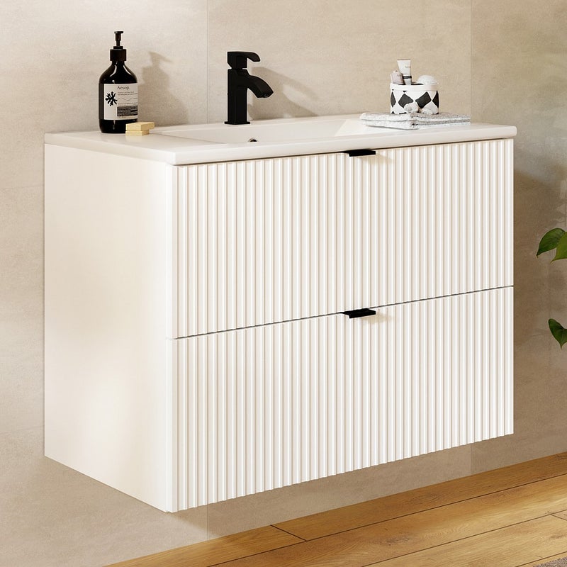 Szafka łazienkowa wisząca ryflowana z umywalką wpuszczaną w blat - Biały - szer. 80 cm - ZEVINI