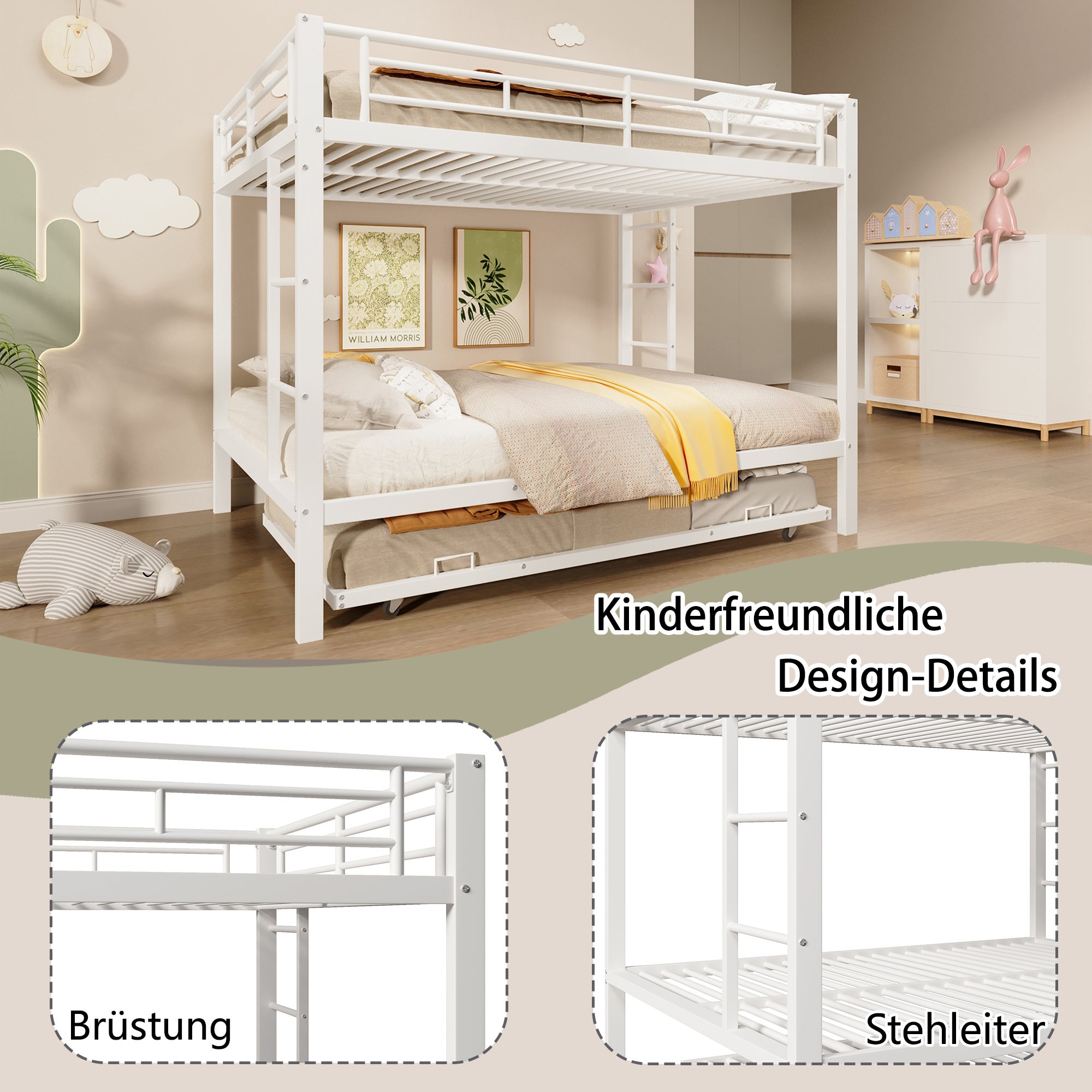 Lits superposés 2 x 140 x 200 cm avec lit gigogne 90 x 190 cm - Cadre en métal - Blanc (sans matelas) - 2