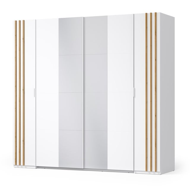 Armoire FLORENCE – Blanc et chêne – 2 portes coulissantes + 2 battantes – L218 cm – 10 étagères