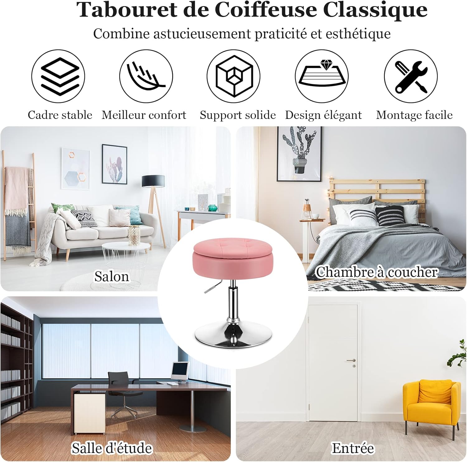 Taboret do Makijażu Obracany o 360°, Toaletki z Miejscem do Przechowywania, Wysokość Siedziska 51-66 cm, Okrągły, Nowoczesny (Różowy) - 9