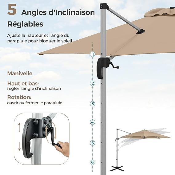 Parasol Déporté Φ339CM, Parasol de Jardin Rond Inclinable avec Base en Croix, 5 Angles et Hauteurs Réglables, Manivelle et Double Toit, Beige - 4