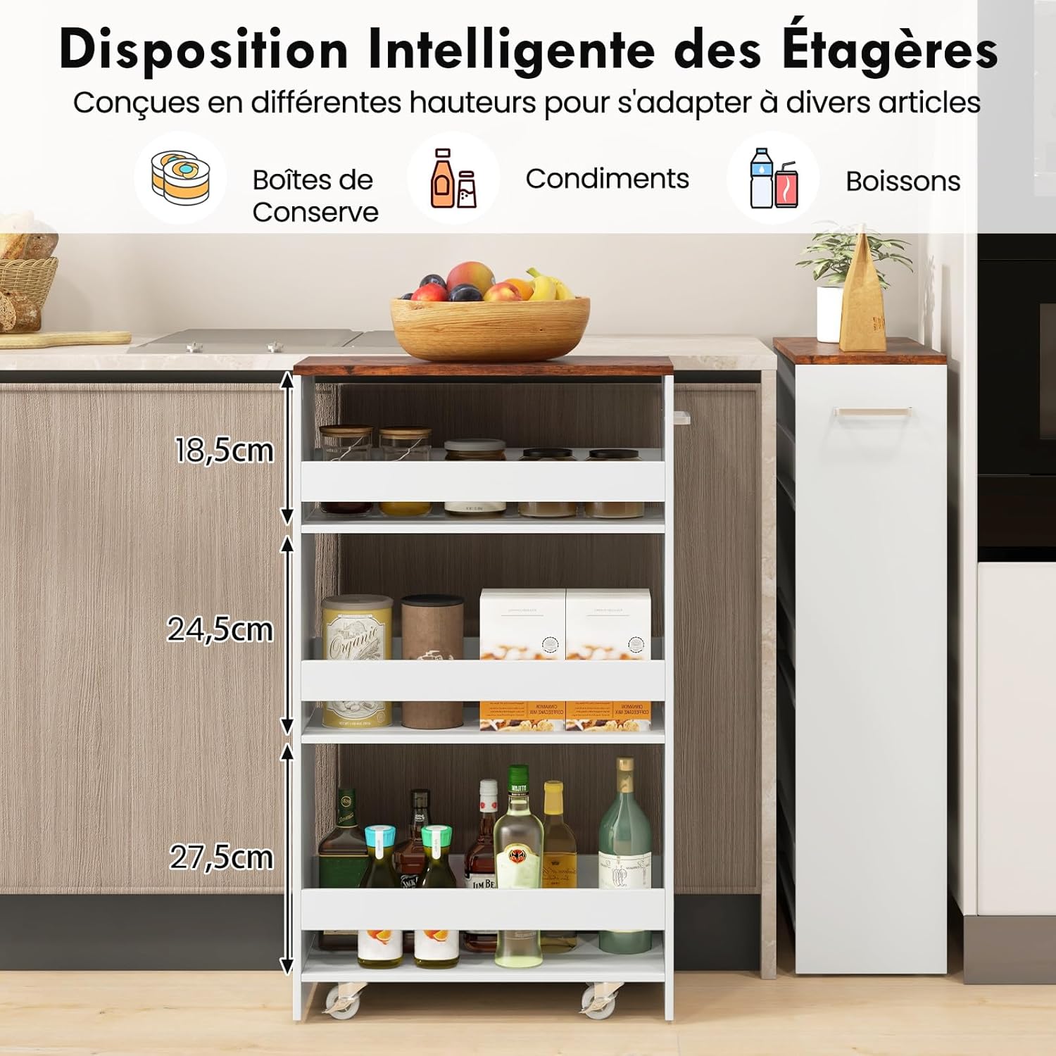 Chariot de Rangement Largeur 20 cm à roulettes, Desserte de Cuisine à 4 Niveaux, Poignée Latérale et Roues Universelles avec Freins (Blanc+ Brun) - 4