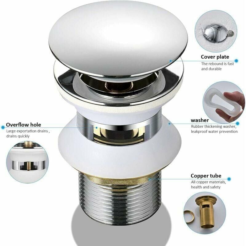 Universel Bonde Lavabo avec Trop-plein Pop-Up Automatique Push Open Click Clack pour Salle de Bain 1-1/4 en Laiton Chromé - 6