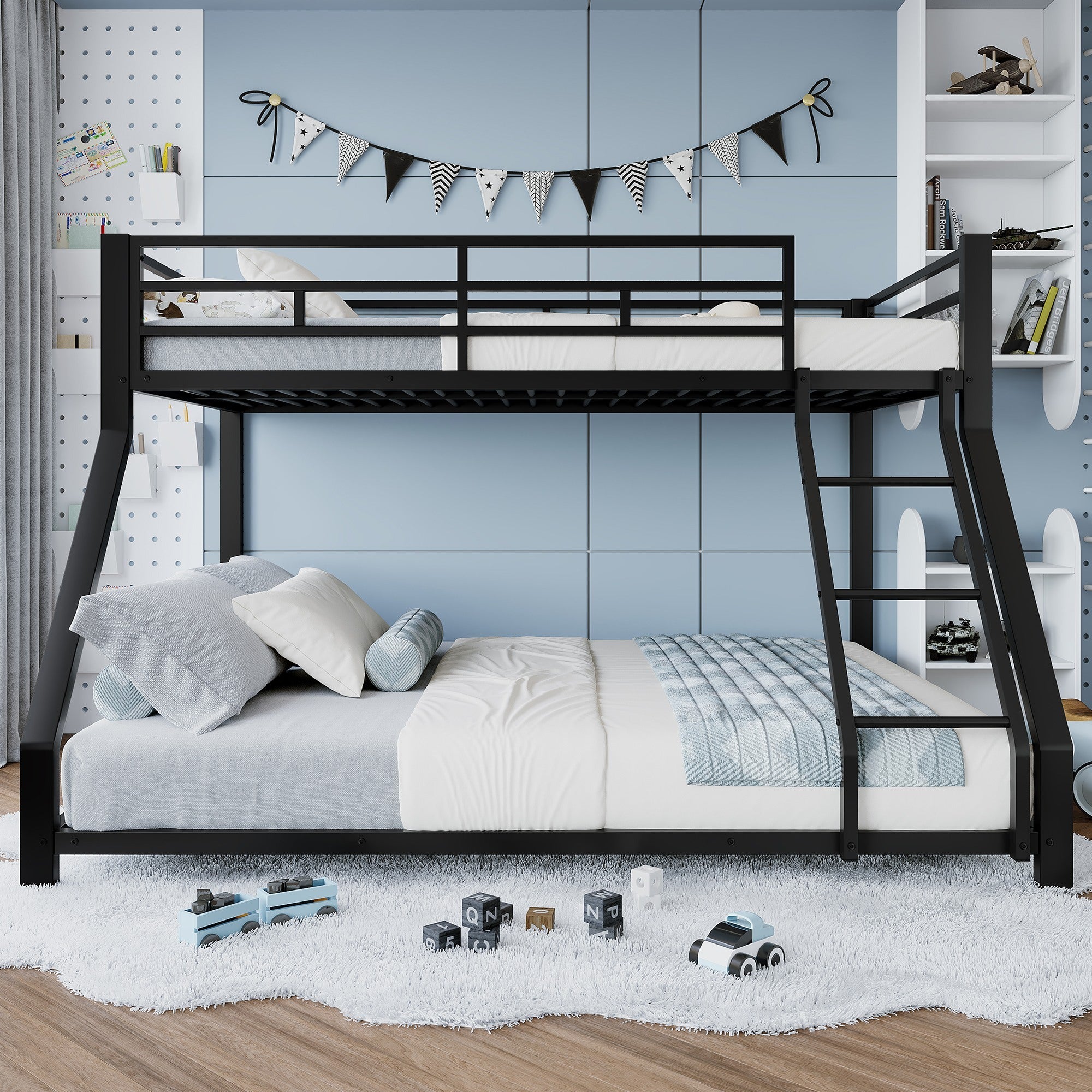 Lit superposé enfant 2/3 palces 90/140 x200cm Lit adulte Lit double en métal avec Escaliers Balustrades et Sommier à lattes - noir - 2