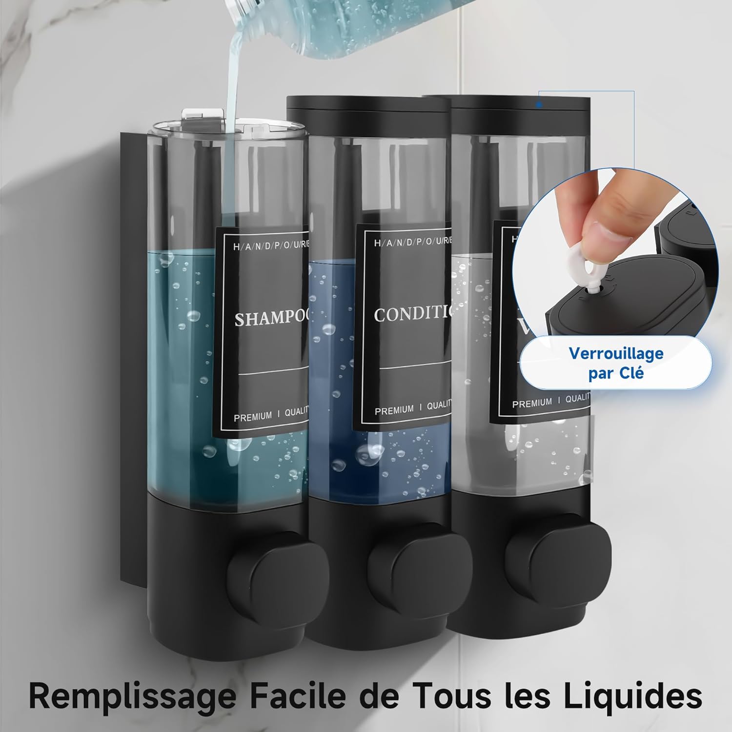 Set De 3 Distributeurs De Savon Salle De Bain Blancs - 500 Ml Chacun - Détails Dorés Et Noirs - Pour Gel Douche, Shampooing