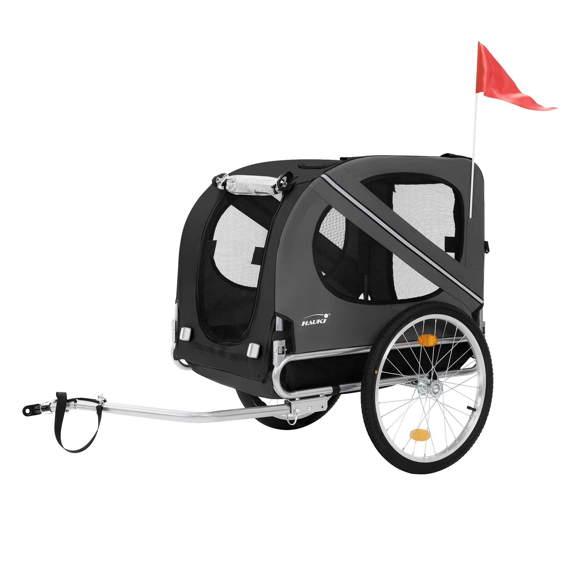 Hauki przyczepka rowerowa i wózek dla psa 2 w 1, skladana, czarna, 130x72x90 cm, przyczepka dla psa do 40 kg, przyczepka z odblaskami, smycza i flaga,