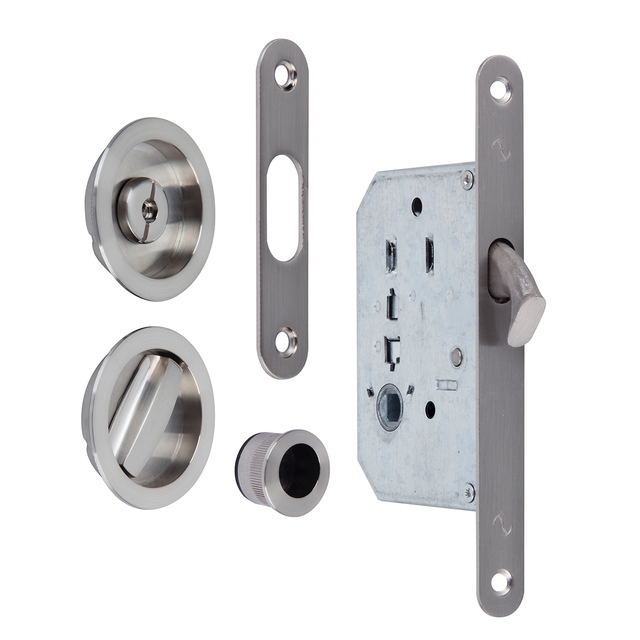 Kit Poignée Cuvette et Condamnation pour Porte Coulissante, Tire-Doigts Ronds Nickel Satiné 16 mm