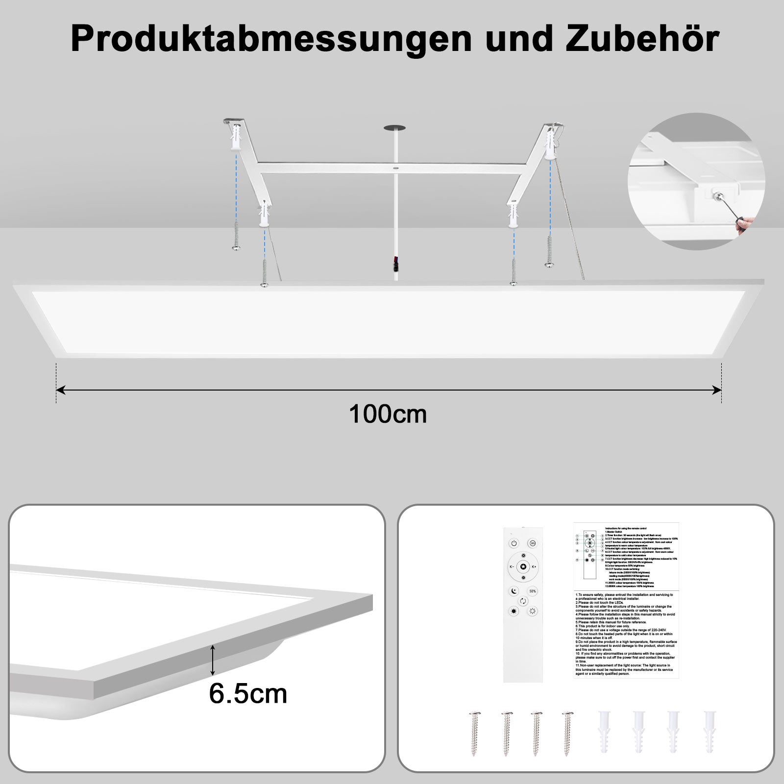 LOVHAUS Plafonnier LED 100x25CM avec Télécommande, LED Panel 30W 3300LM, Lumière Réglable, Fonction Mémoire, 3000K-6500K - 6