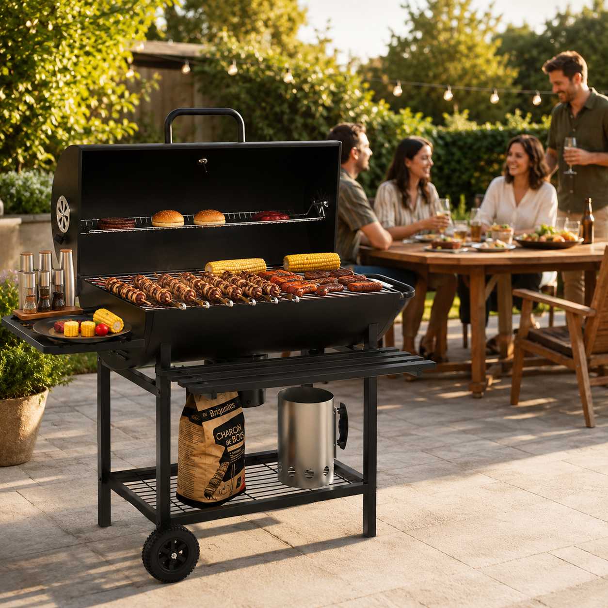 Barbecue au charbon avec couvercle et ventilation réglable pour jardin avec roues - 4