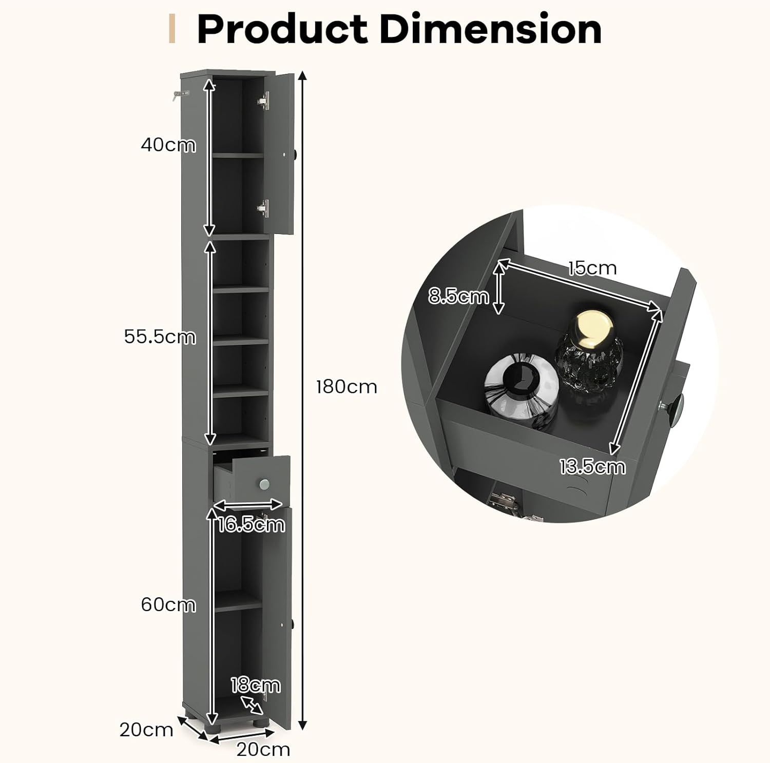 Armadio da bagno alto, mobile a colonna con 2 porte, 1 cassetto e 4 ripiani aperti, 20 x 20 x 180 cm, ripiani regolabili, camera da letto (grigio) - 3