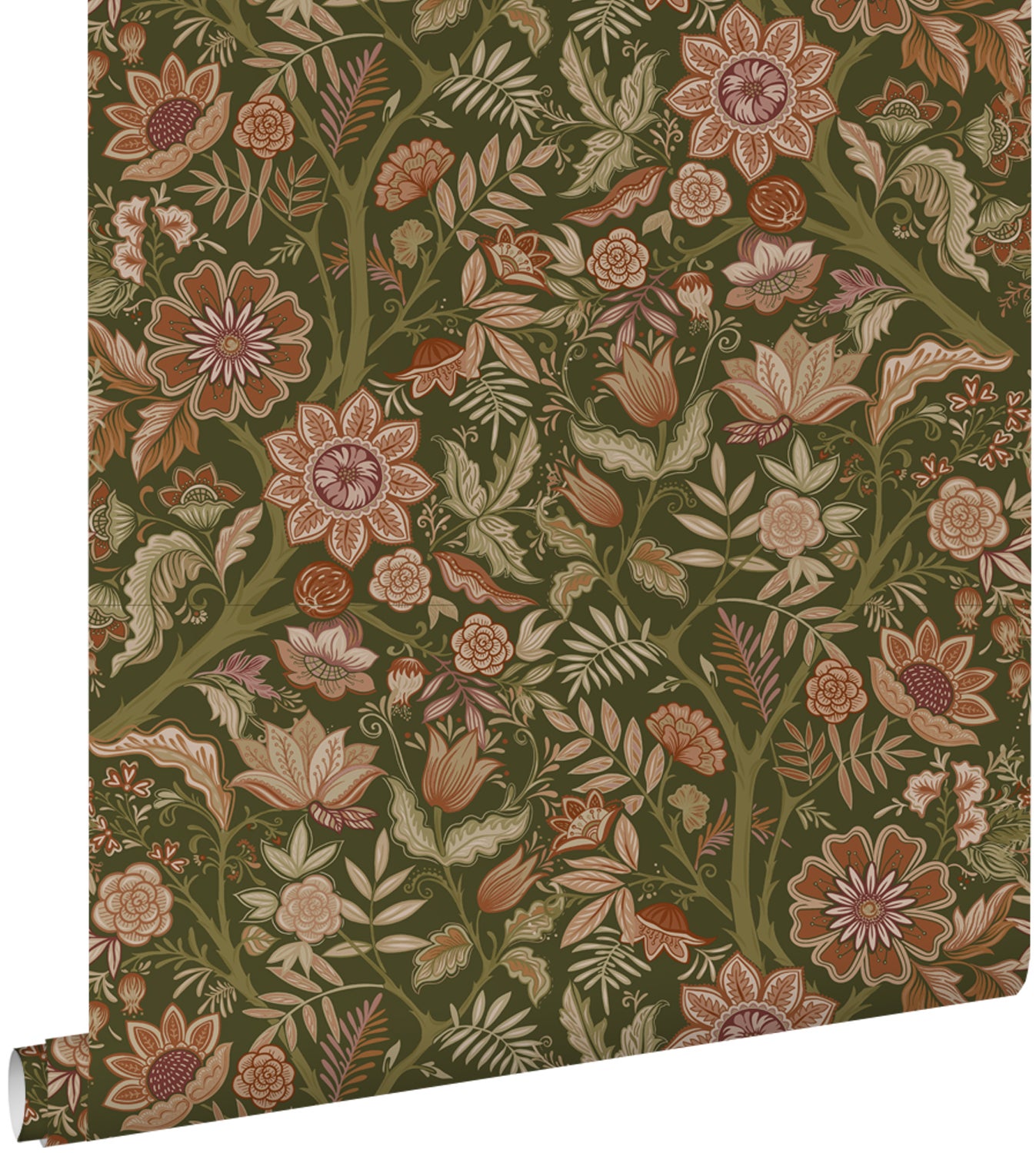 Tapeta zabytkowe kwiaty ciemnej zieleniIterakota brązowy - 53 cm x 10.05 m - ESTAHOME