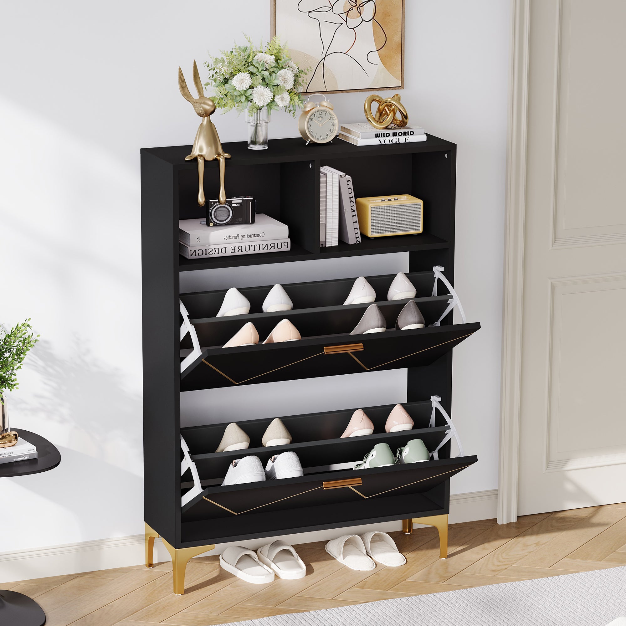 Szafka na buty z 2 drzwiami uchylnymi i 2 przegrodami - 80 x 25 x 117 cm - MDF + metal - Czarna