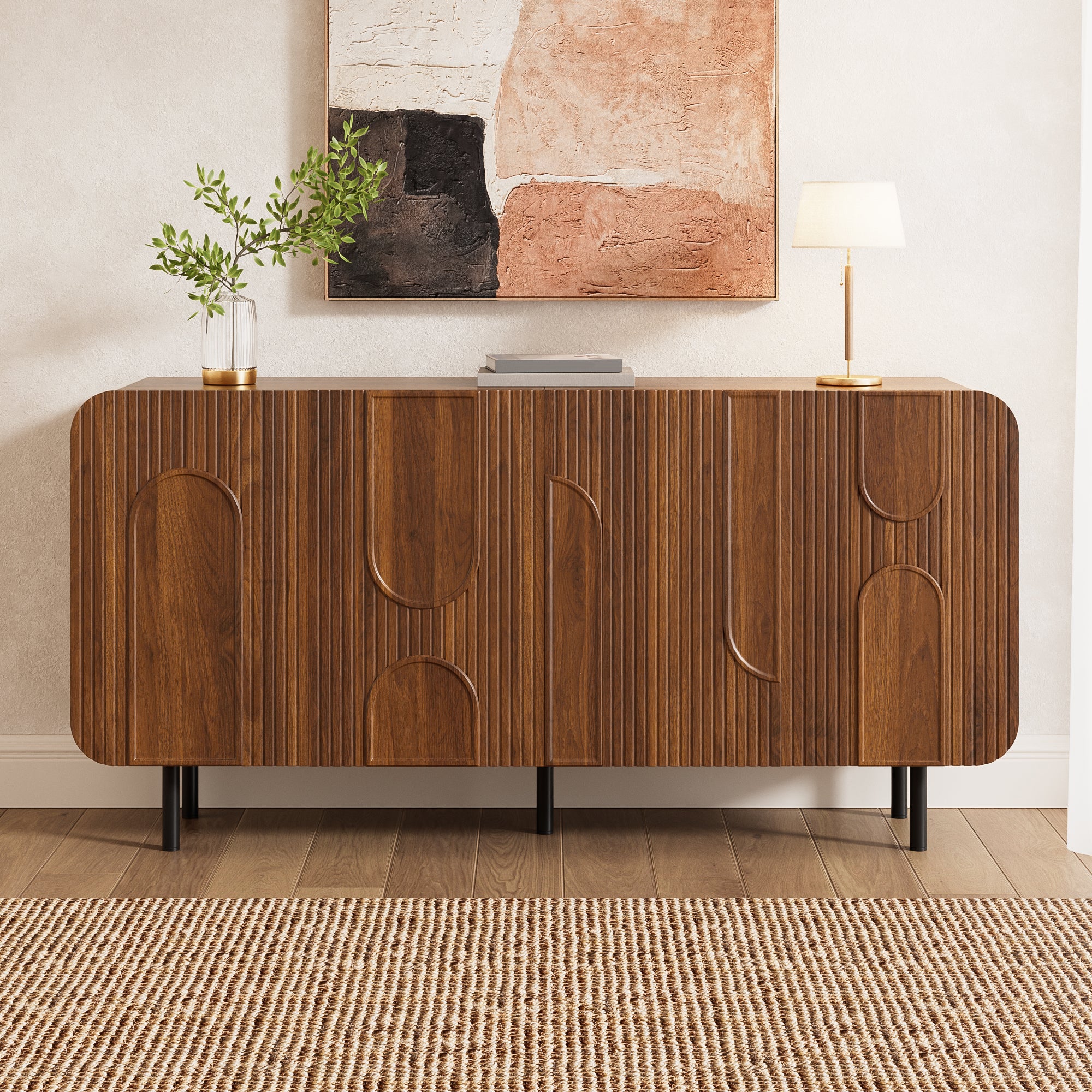 Buffet avec 4 portes et étagères réglables - 160 x 40 x 79 cm - MDF et panneaux de particules - Pieds en métal - Design mid-century - Noyer - 5